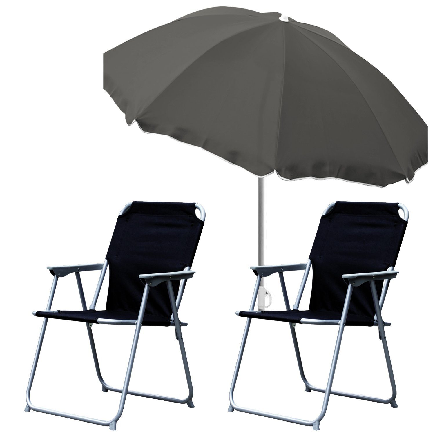Mojawo Klappstuhl 2x Campingstuhl Klappstuhl Schwarz + Sonnenschirm Ø200cm Anthrazit