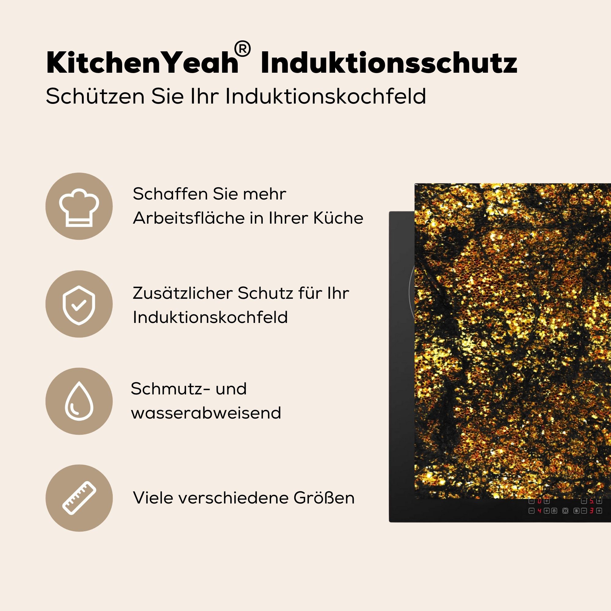 Vinyl, Marmor cm, 81x52 Glitzer - die - für Induktionskochfeld tlg), Ceranfeldabdeckung küche, (1 Schutz MuchoWow Gold, Herdblende-/Abdeckplatte