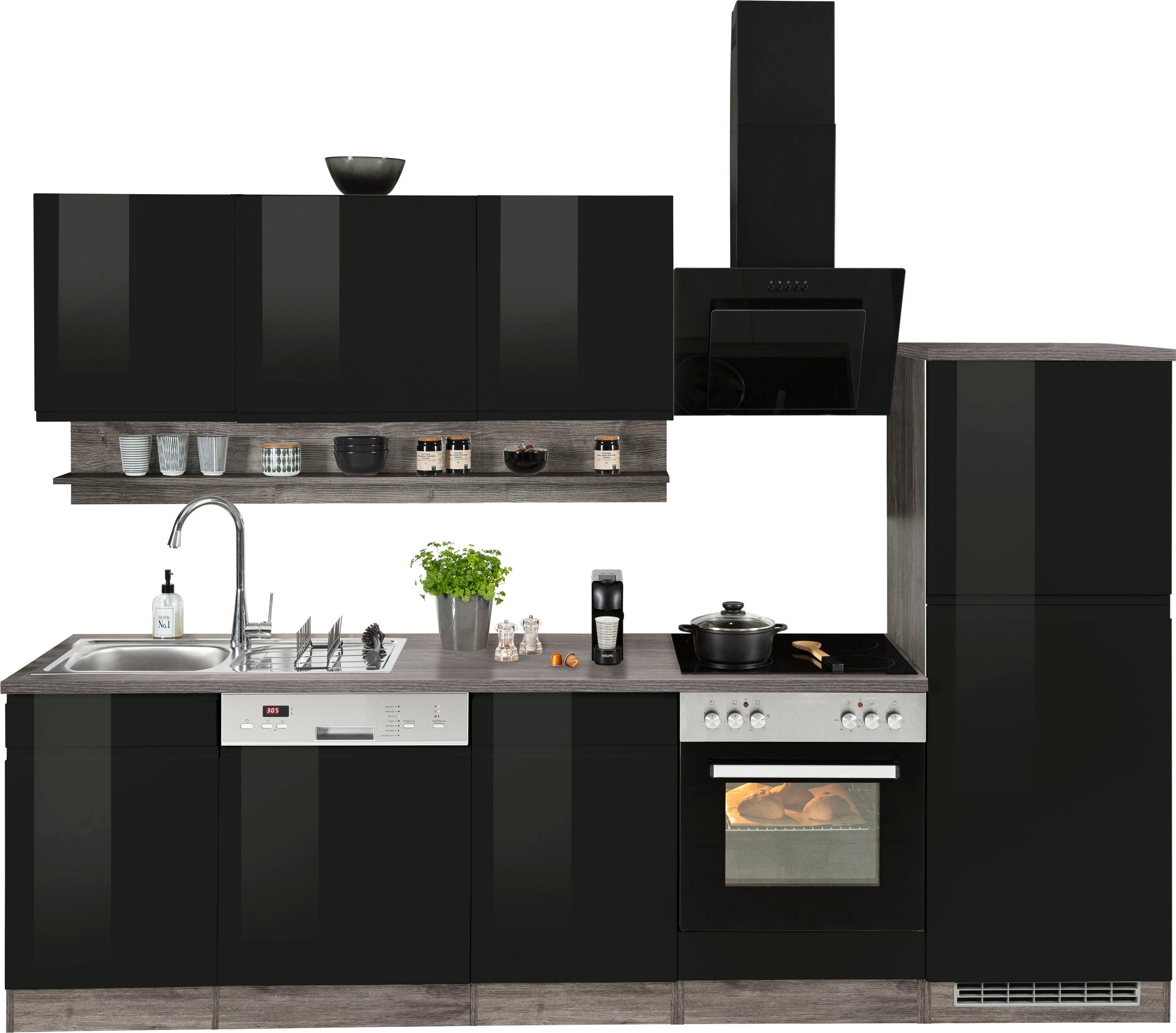 HELD MÖBEL Küche Virginia, Breite 280 cm, wahlweise mit E-Geräten schwarz Hochglanz/eiche vintage | schwarz Hochglanz | Eiche vintage