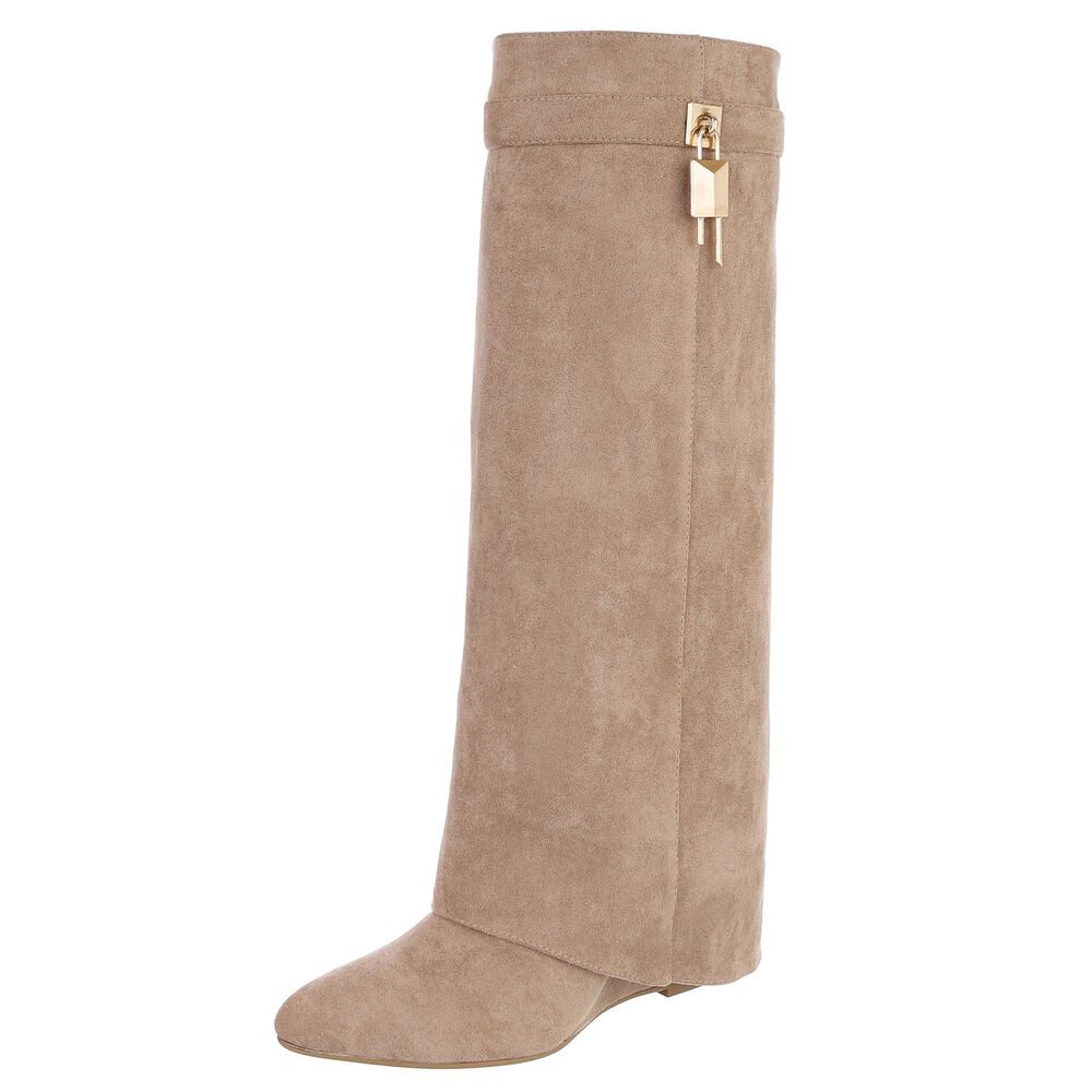 Ital-Design Damenstiefel mit hohem Schaft und Schmuckdetail Keilstiefel (92125457) Keilabsatz/Wedge Stiefel in Hellbraun