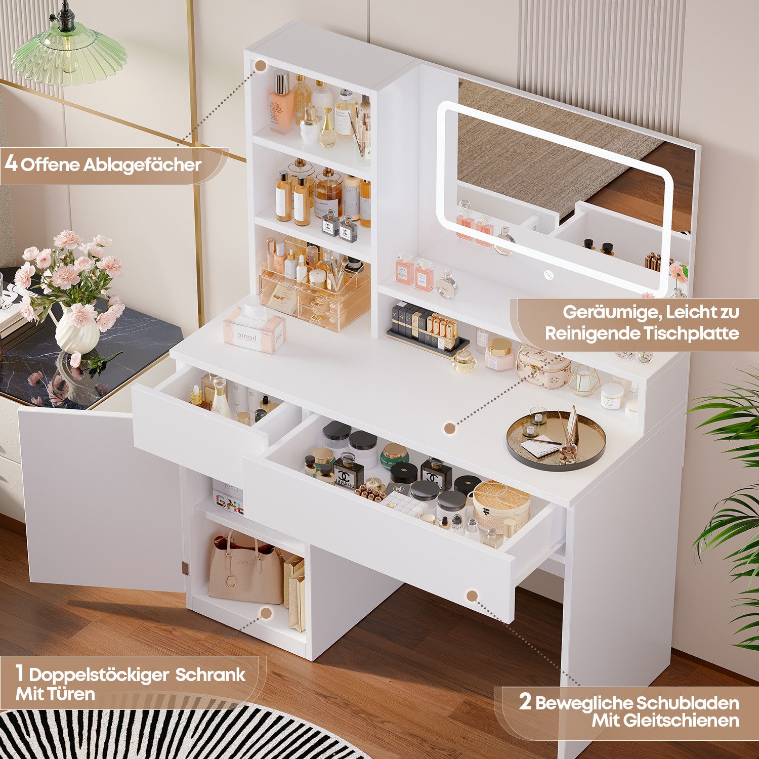 HOMALL Schminktisch Mit integrierten LED-Leuchten, einstellbare Helligkeit und Temperatur (Produktabmessungen: 90 × 40 × 135 cm Mit 5 offenen Ablagefächern + 2  – Bild 5 von 5