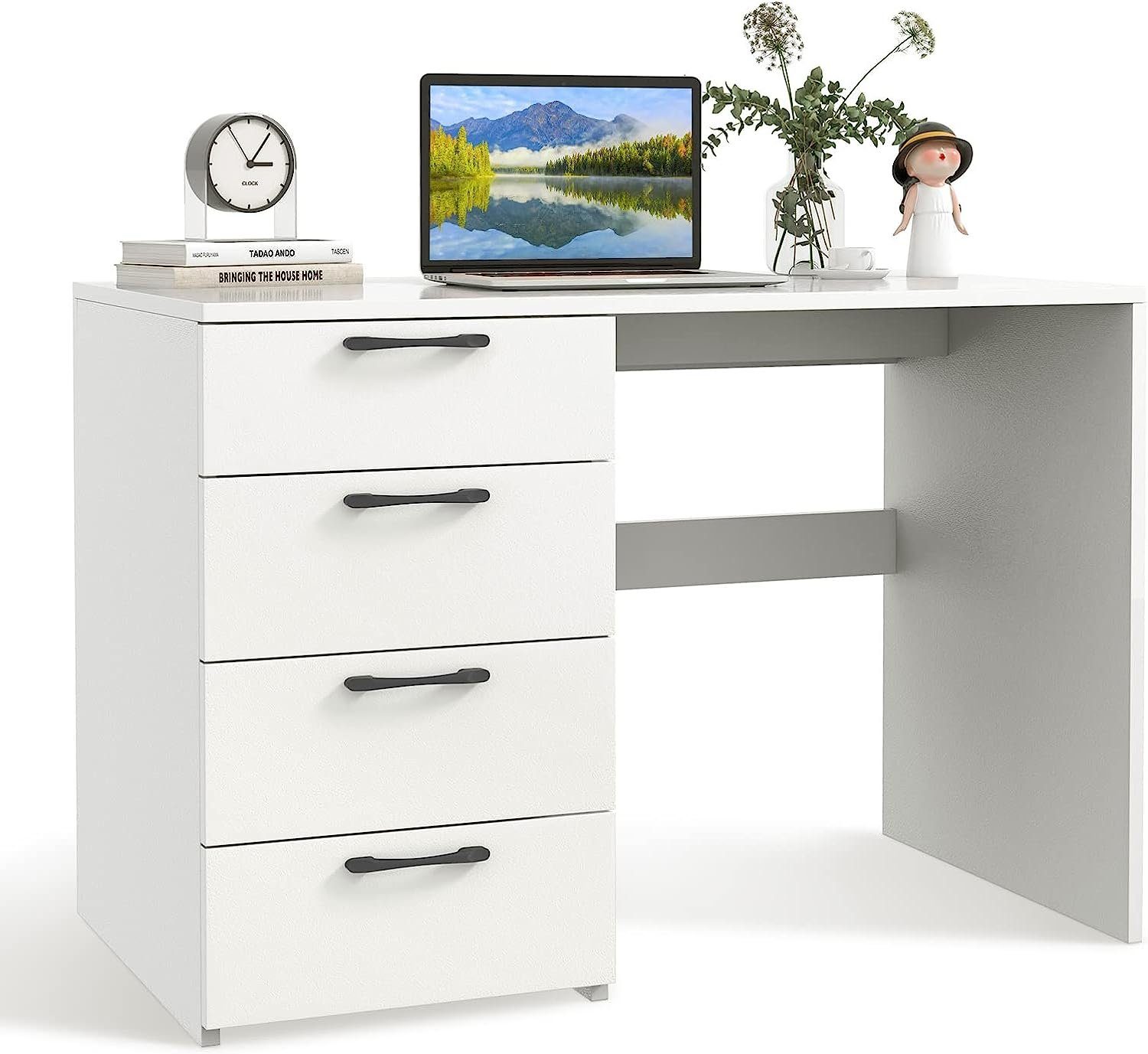 KOMFOTTEU Computertisch Schreibtisch, mit 4 weiß Schubladen