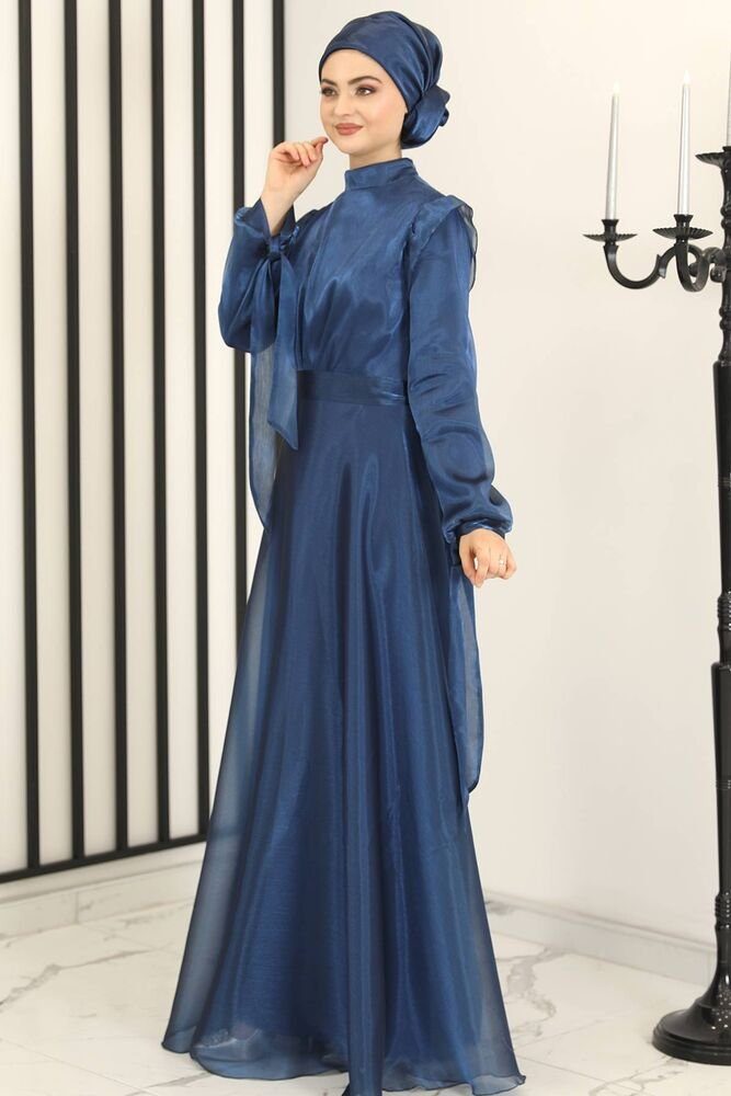 Modavitrini Navy-Blau glänzend Abendkleid Blickdicht Hijab Abendkleid Damen Kleid Abiye Abaya Fashion Modest