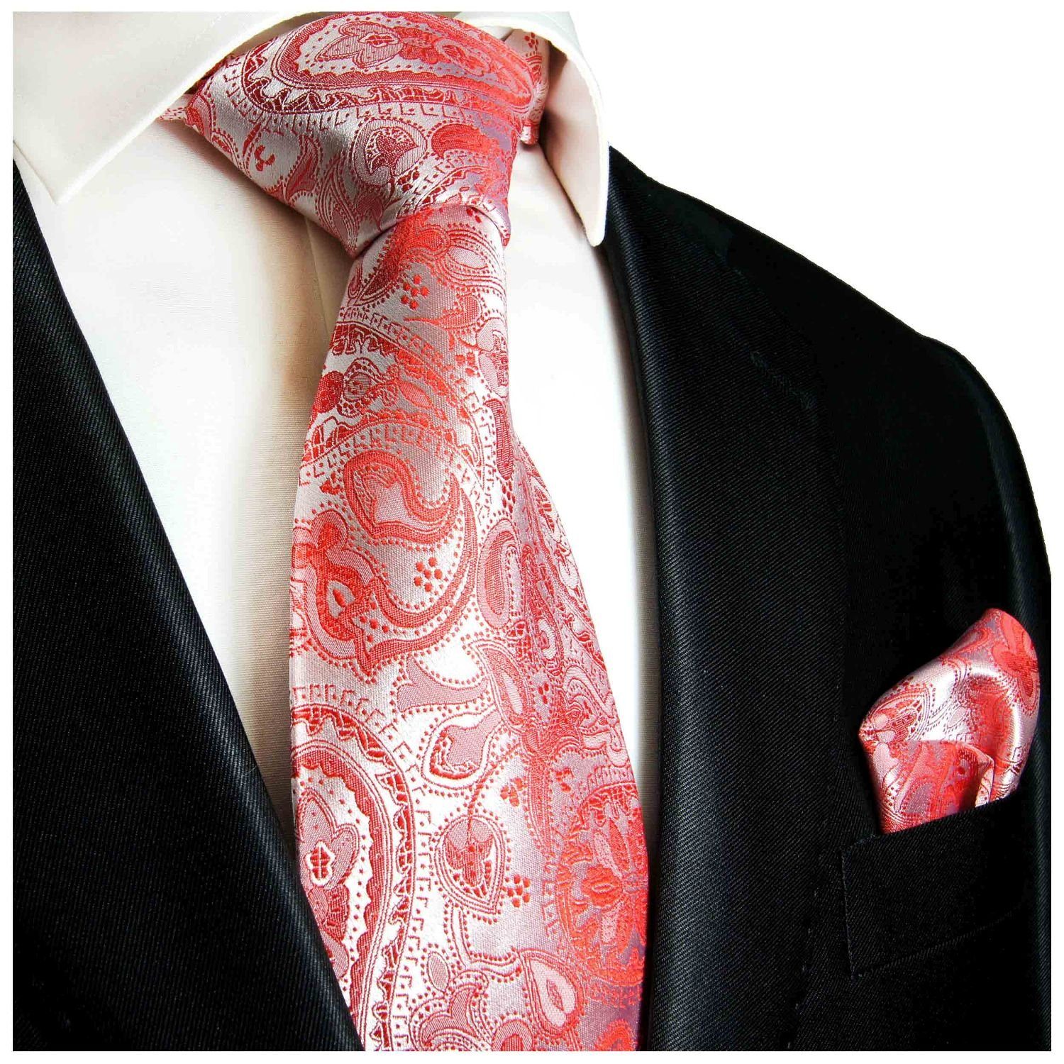 Paul Malone Krawatte Herren Seidenkrawatte mit Tuch Hochzeit festlich paisley 100% Seide (Set, 2-St., Krawatte mit Einstecktuch) Breit (8cm), rot silber 338