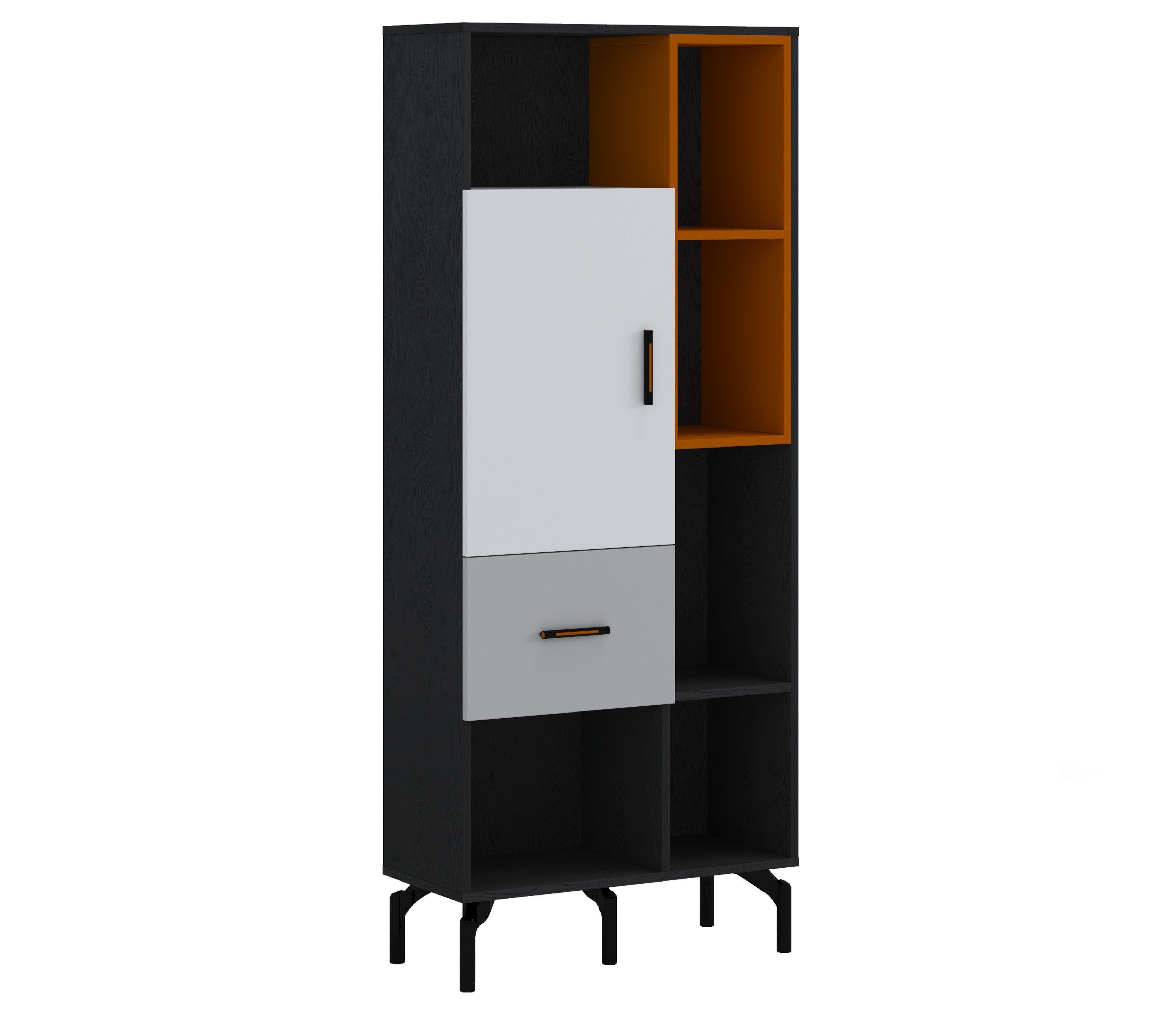 Möbel-Zeit Bücherregal TREND – Schwarz/Weiß/Grau/Orange – 6 offene Fächer & 2 Türen