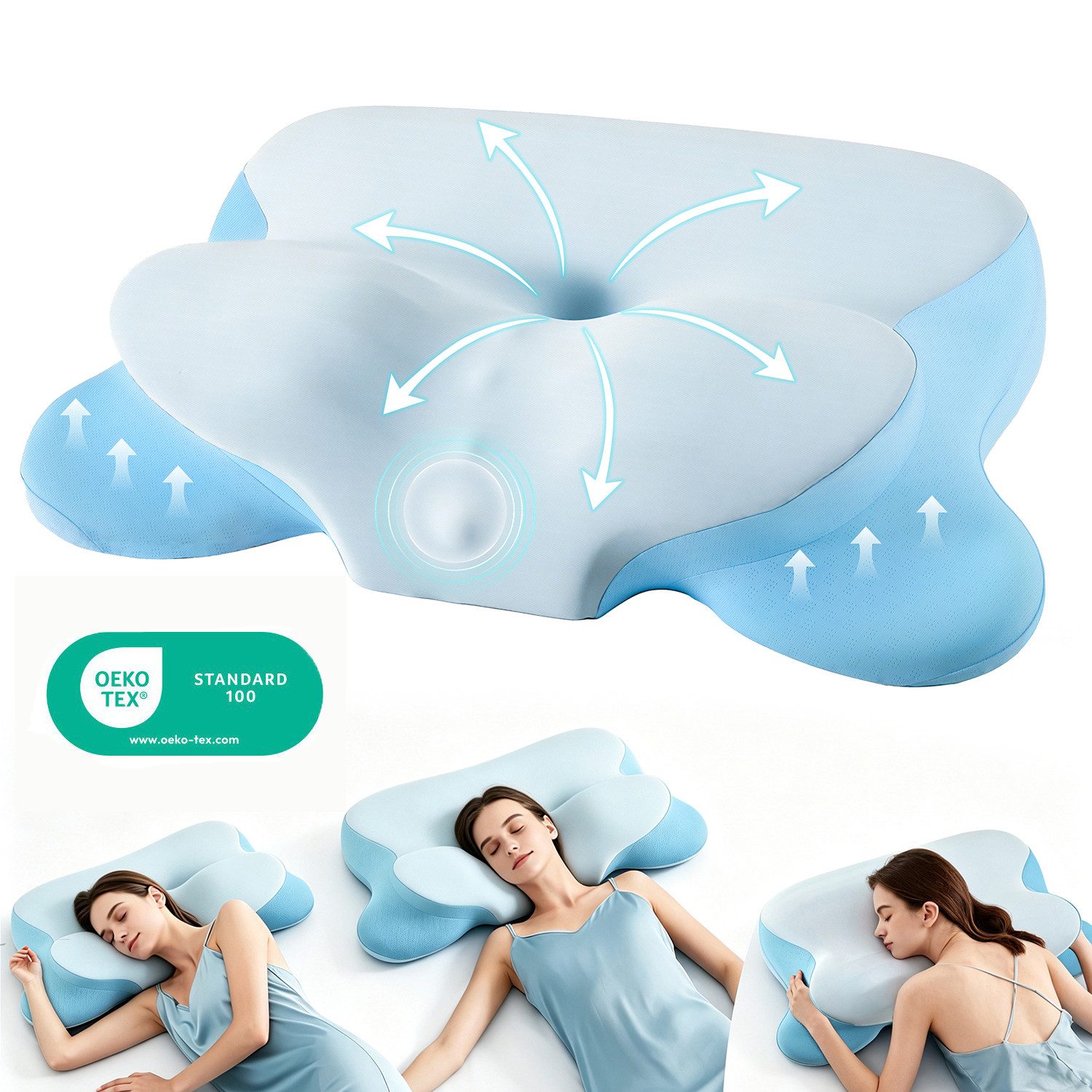 wohnTRAUM24 Nackenstützkissen Nackenkissen Kopfkissen, Memory Foam Kissen, Stabile Nackenstütze, Füllung: 100% Memory Foam, Bezug: 4-Zonen-Stützsystem, Seitenschläfer, Bauchschläfer, Rückenschläfer, Set, Ergonomisches Kissen mit individueller Höhenanpassung, Kühlendes Nackenstützkissen, 4D-Luftzirkulationsstruktur