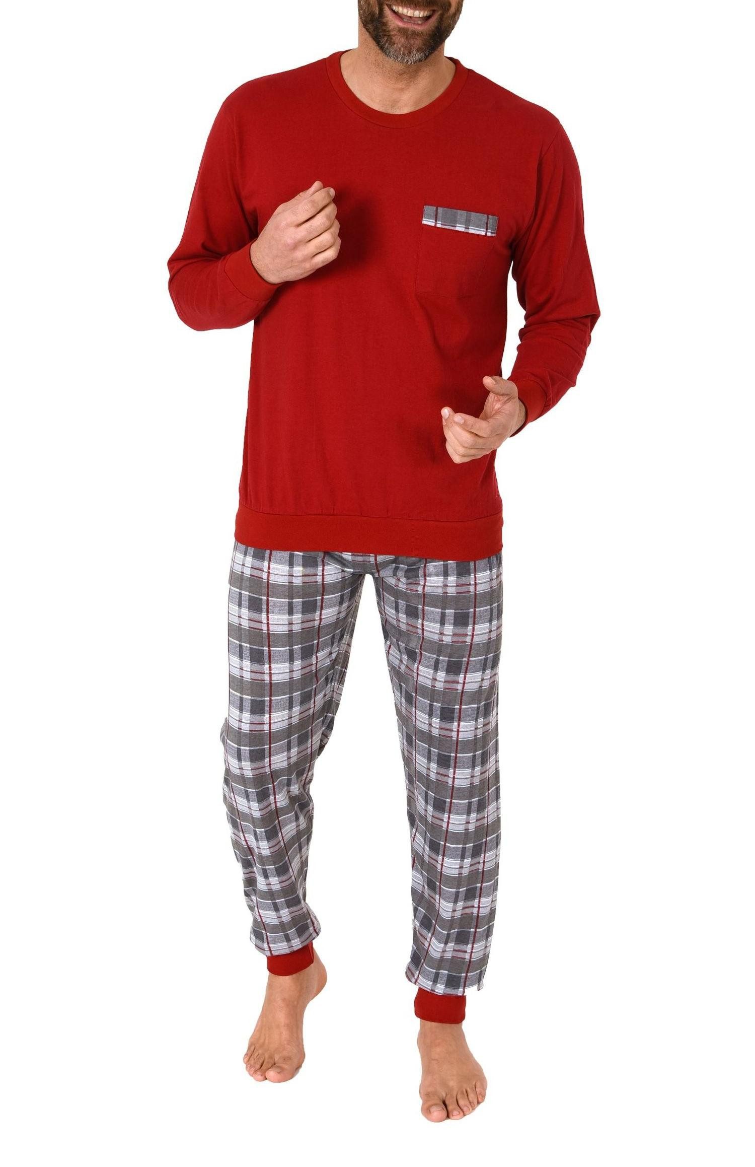 Normann Pyjama Herren langarm Schlafanzug mit Bündchen und karierter Jersey Hose