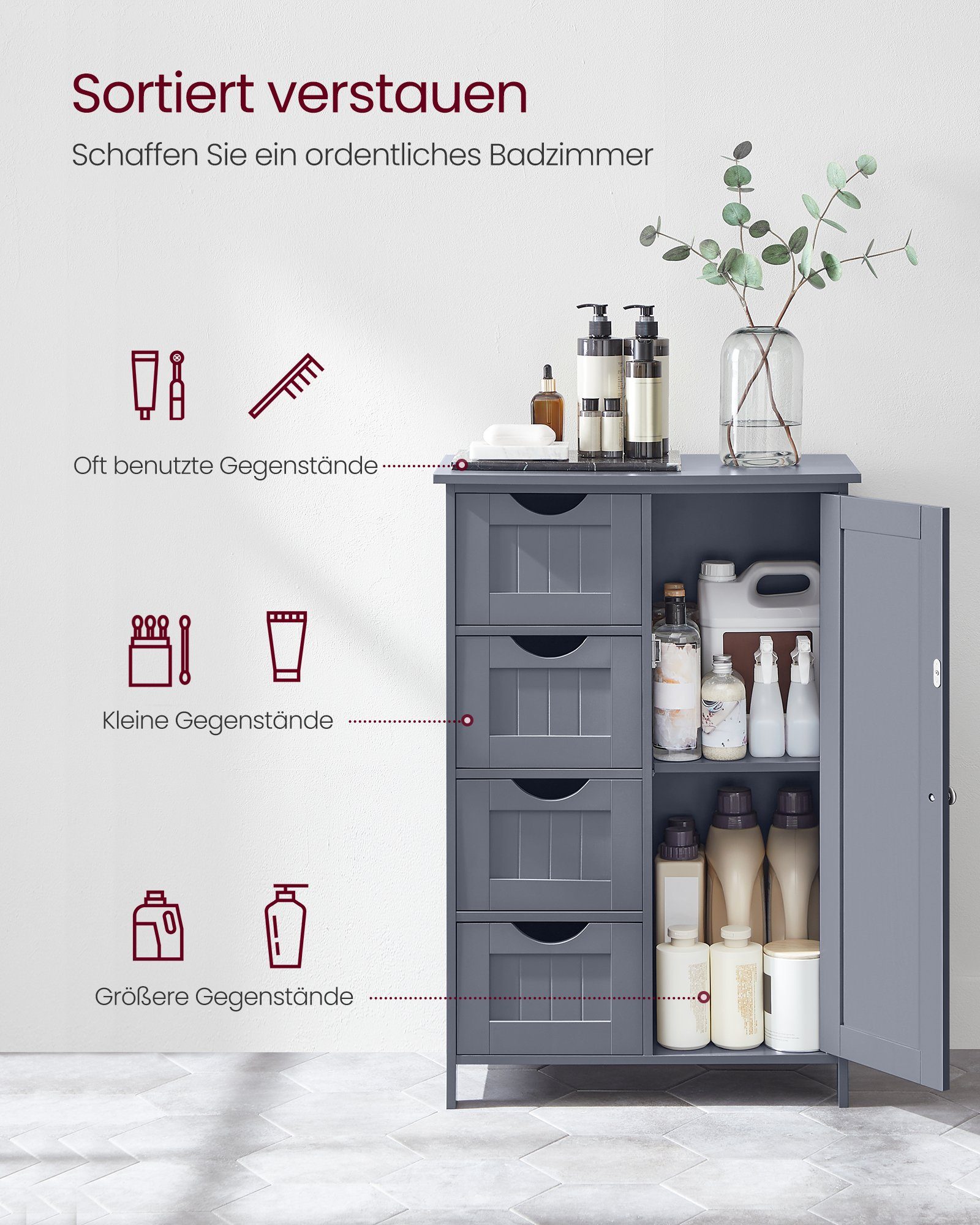 VASAGLE Badmöbel-Set Badezimmerschrank Badschrank Beistellschrank,verstellbare Ablage, mit 4 Schubladen, Schranktür, 30 x 55 x 82 cm, Kommode – Bild 4 von 5