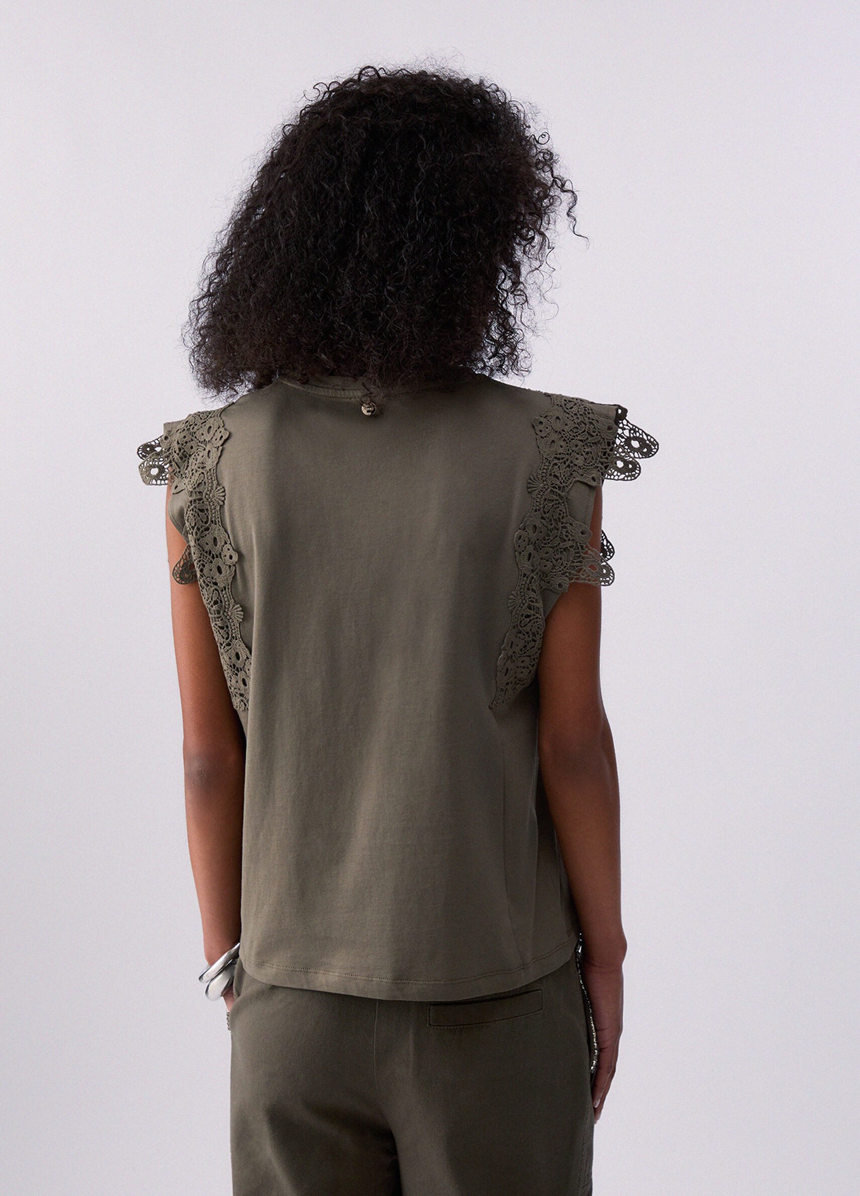 Liu Jo Spitzentop - Top Damen - elegantes Top - Spitze - Ärmellos - Strass - Olivgrün