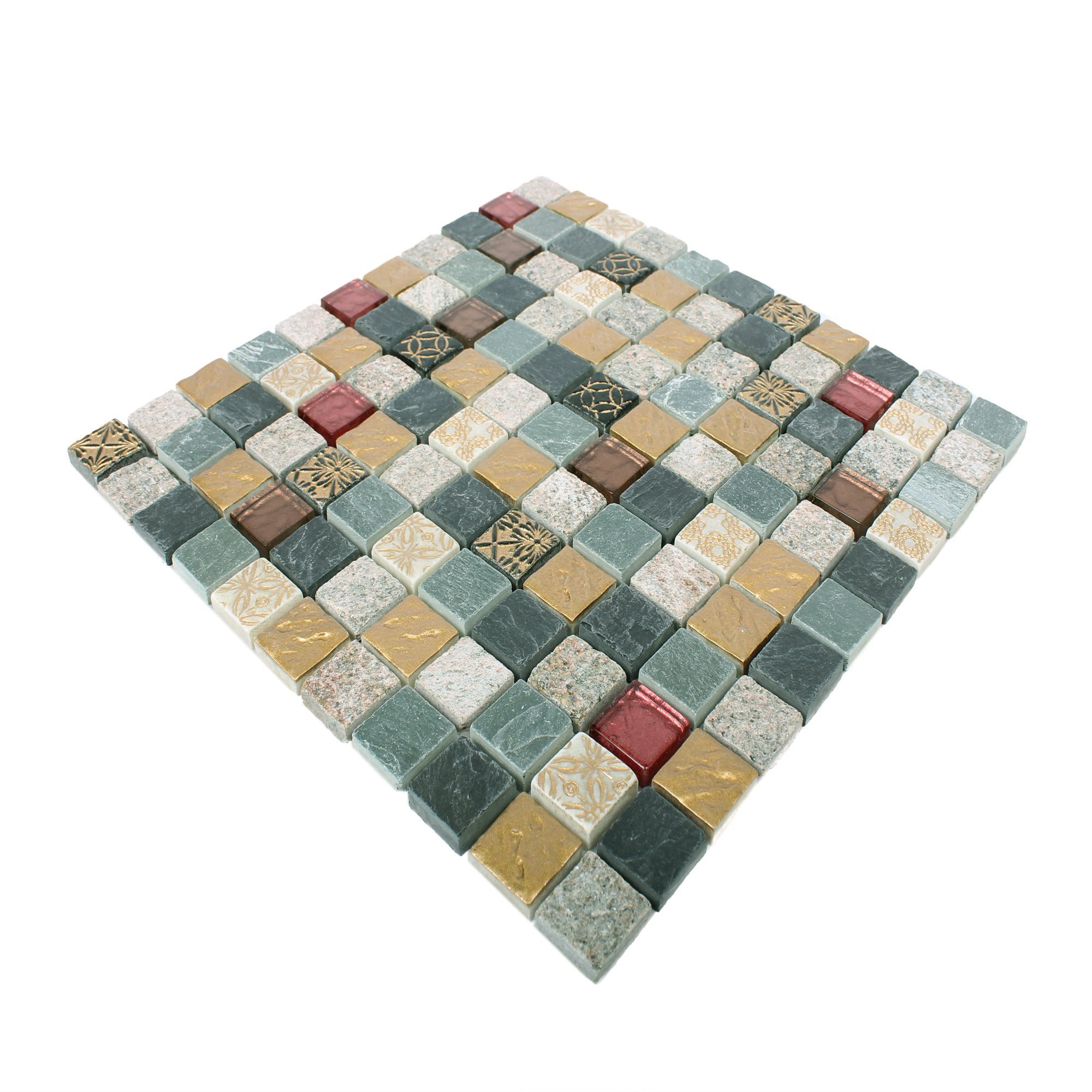 Mosafil Mosaikfliesen Mosaikfliesen Glas Naturstein Mix Sulluna Gold Grau, Naturstein-Glas 30.000x30.000, schwarz-gold-grau, Verlegefertig auf ein Netz geklebt