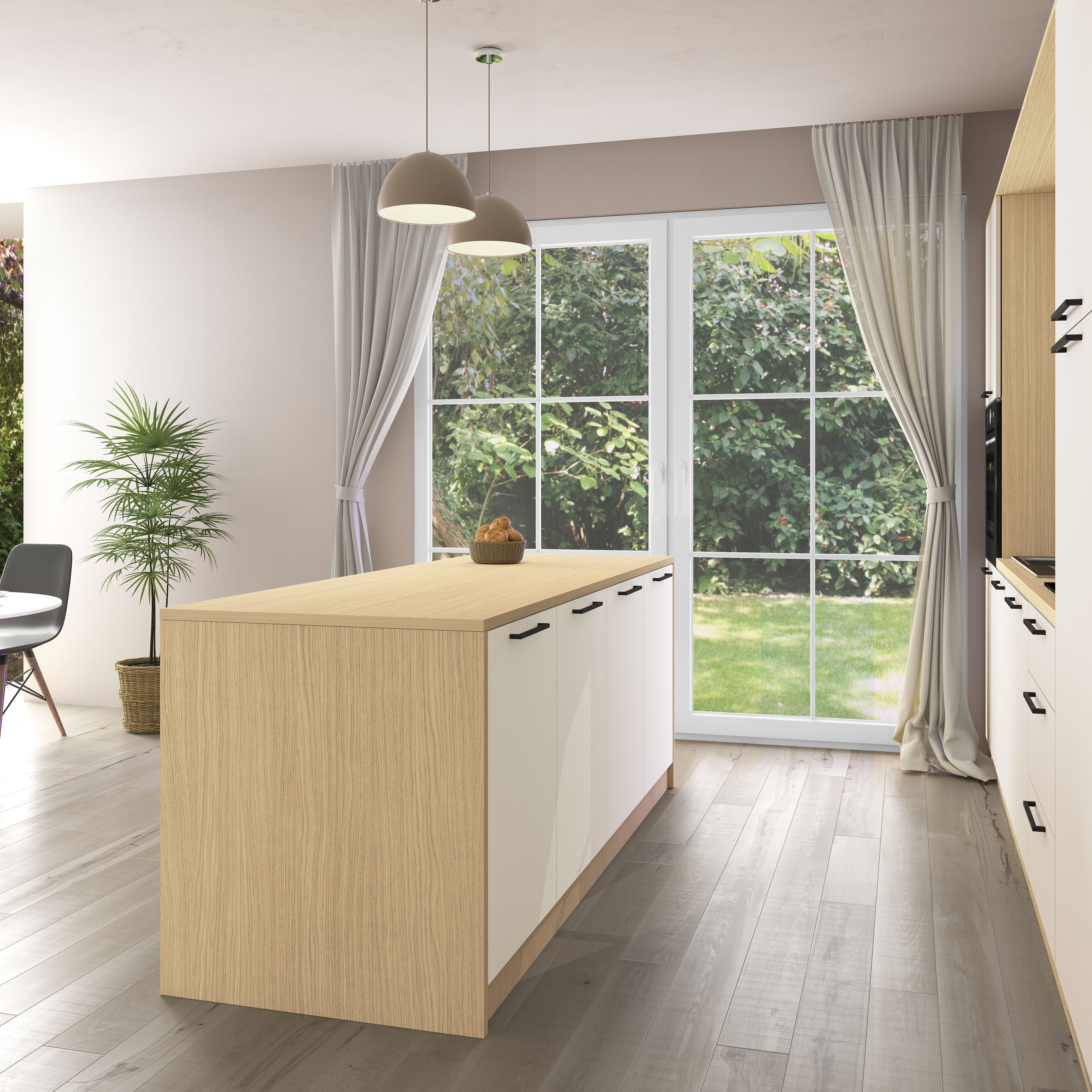 KOCHSTATION Kücheninsel KS-Luna, Breite 225 cm, 4 Türen, 8 Innenfächer, 4 Essplätze, gedämpfte Türen