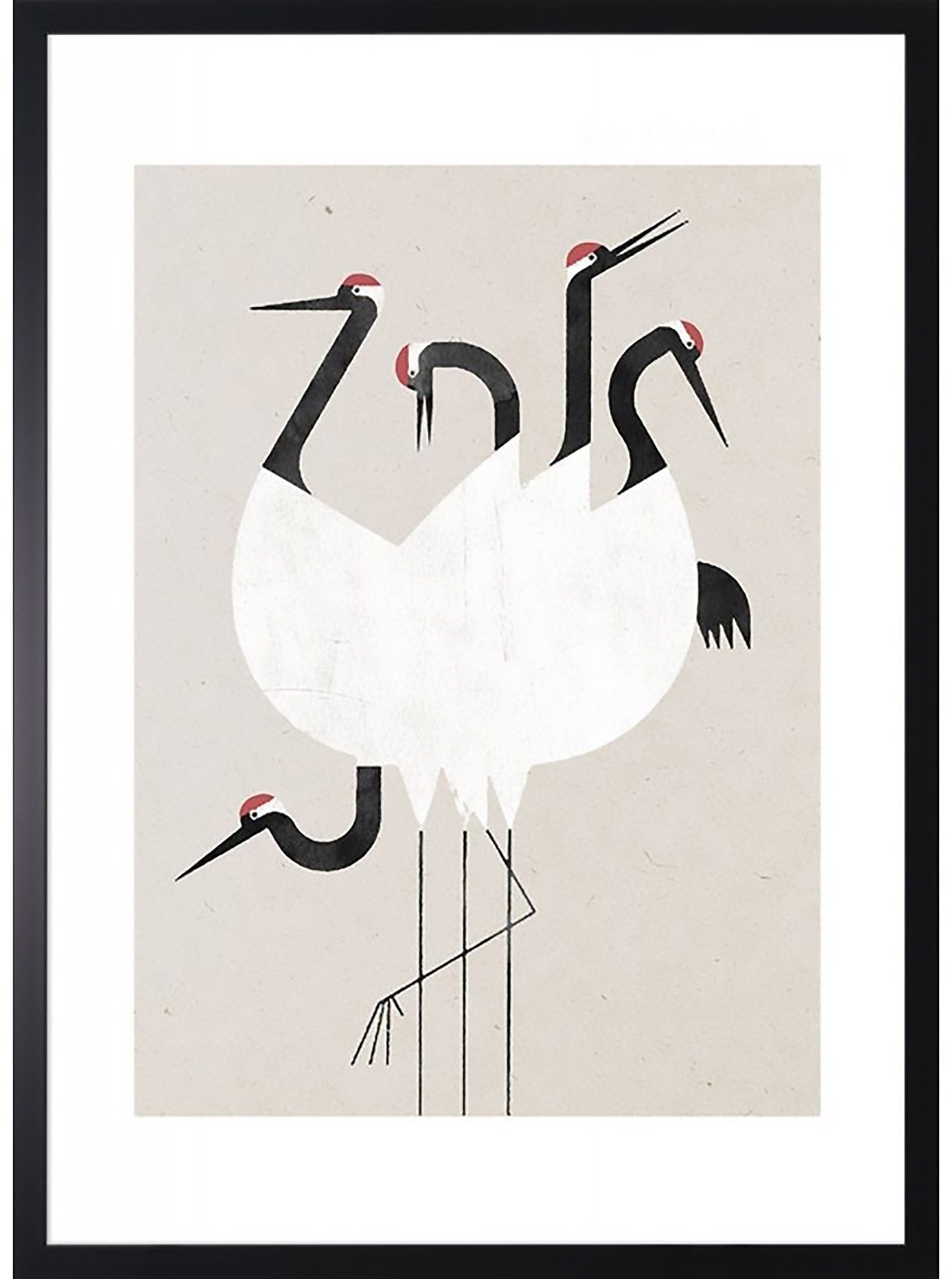 Cosy Home Ideas Bild mit Rahmen Wandbild Vögel japanisch Wanddeko Grafik abstrakt Bild 60x90 cm, Kraniche (1 Stück), Der Kunstdruck ist laminiert/ beschichtet und somit feucht abwischbar beige