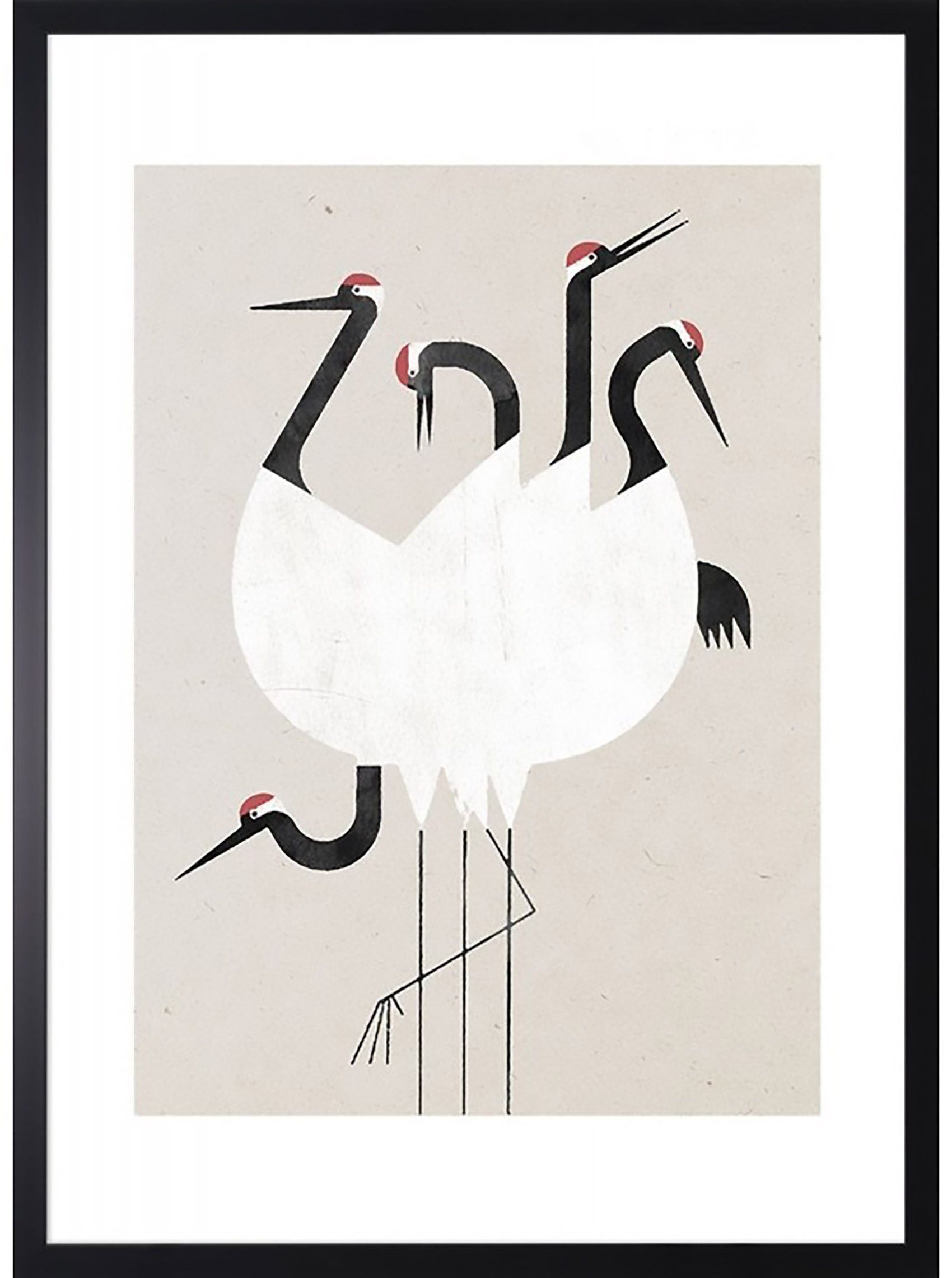 Cosy Home Ideas Bild mit Rahmen Wandbild Vögel japanisch Wanddeko Grafik abstrakt Bild 60x90 cm, Kraniche (1 Stück), Der Kunstdruck ist laminiert/ beschichtet und somit feucht abwischbar