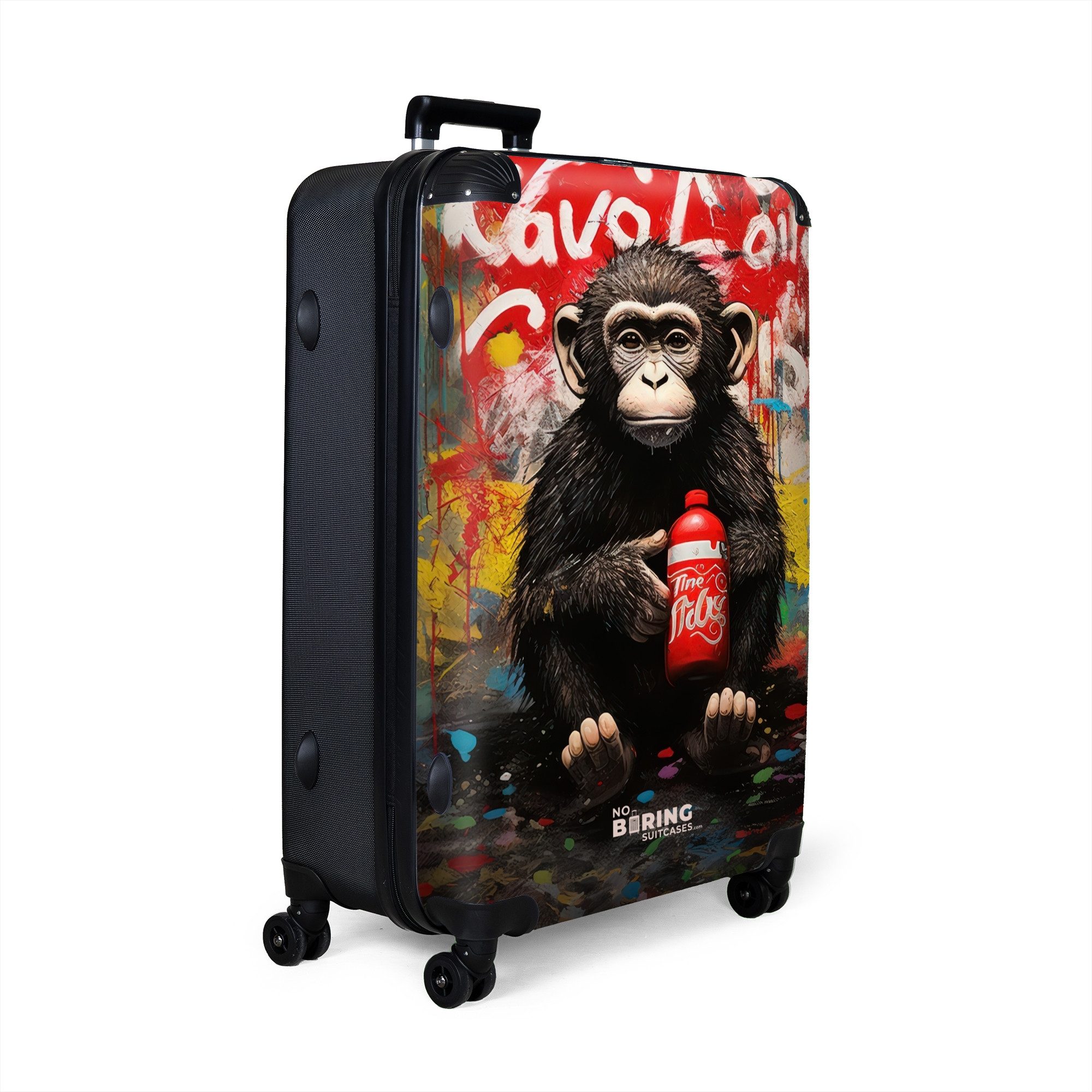 NoBoringSuitcases.com© Hartschalen-Trolley Schimpanse vor einer Graffiti-Wand 77 cm - 98 L, 8 Rollen, Großer Reisetasche mit Rollen für 30kg, Kinderkoffer