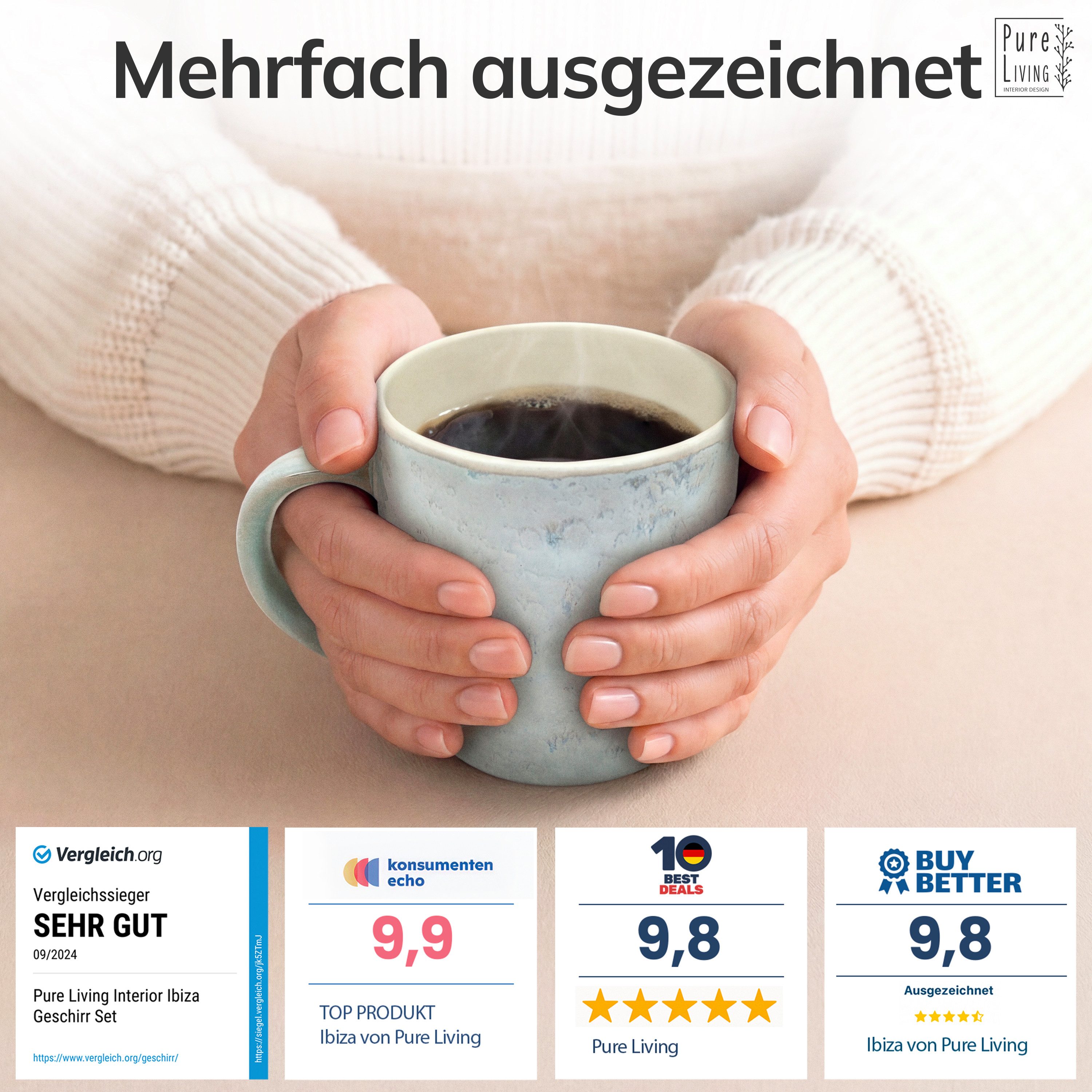 PURE LIVING INTERIOR DESIGN Geschirr-Set Ibiza Becher, 6er-Set, 350 ml, Beige Blau, Steingut (6-tlg), 6 Personen, Steingut – Bild 3 von 5