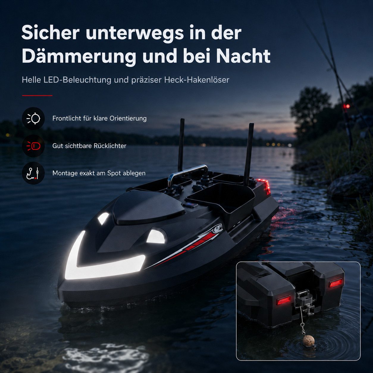 Tekoo RC-Boot Futterboot 3kg, 4 Kammern, Gyroskop & 500m Reichweite, inkl. 2 Akkus (Set, Komplettset mit 2 Akkus), Gyroskop-Stabilisierung, 3kg Ladekapazität, 500m Reichweite