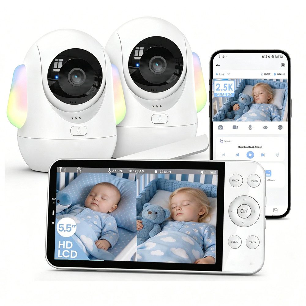 Boifun Video-Babyphone Babyphone mit Kamera 2,5K/4MP, 5,5 Zoll WLAN Video babyfone, unterstützt 2,4 GHz und 5 GHz PTZ 360°, 1-tlg., Intelligentes Nachtlicht, Automatische Verfolgung, Weinen/Bewegungs, IR/RBG Nachtsicht,Mit Bluetooth-Netzwerkkonfiguration