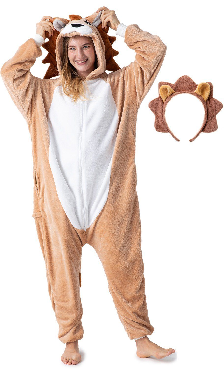 Corimori Partyanzug Flauschiges Löwen-Kostüm für Erwachsene mit Haarreif,  Karneval Kostüm, Jumpsuit, Pyjama, Fasching, Kigurumi, Tierkostüme, Löwe "Oliver"