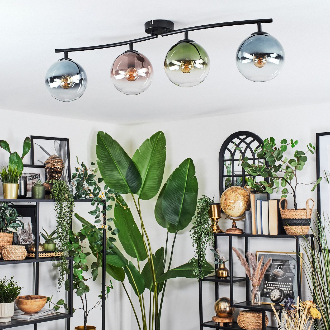 hofstein Deckenleuchte Deckenlampe aus Metall/Glas in Schwarz/Blau/Grün/Kupferfarben/Klar, ohne Leuchtmittel, Deckenleuchte im modernen Vintage-Design (Schirme Ø 15 cm), 4 x E14