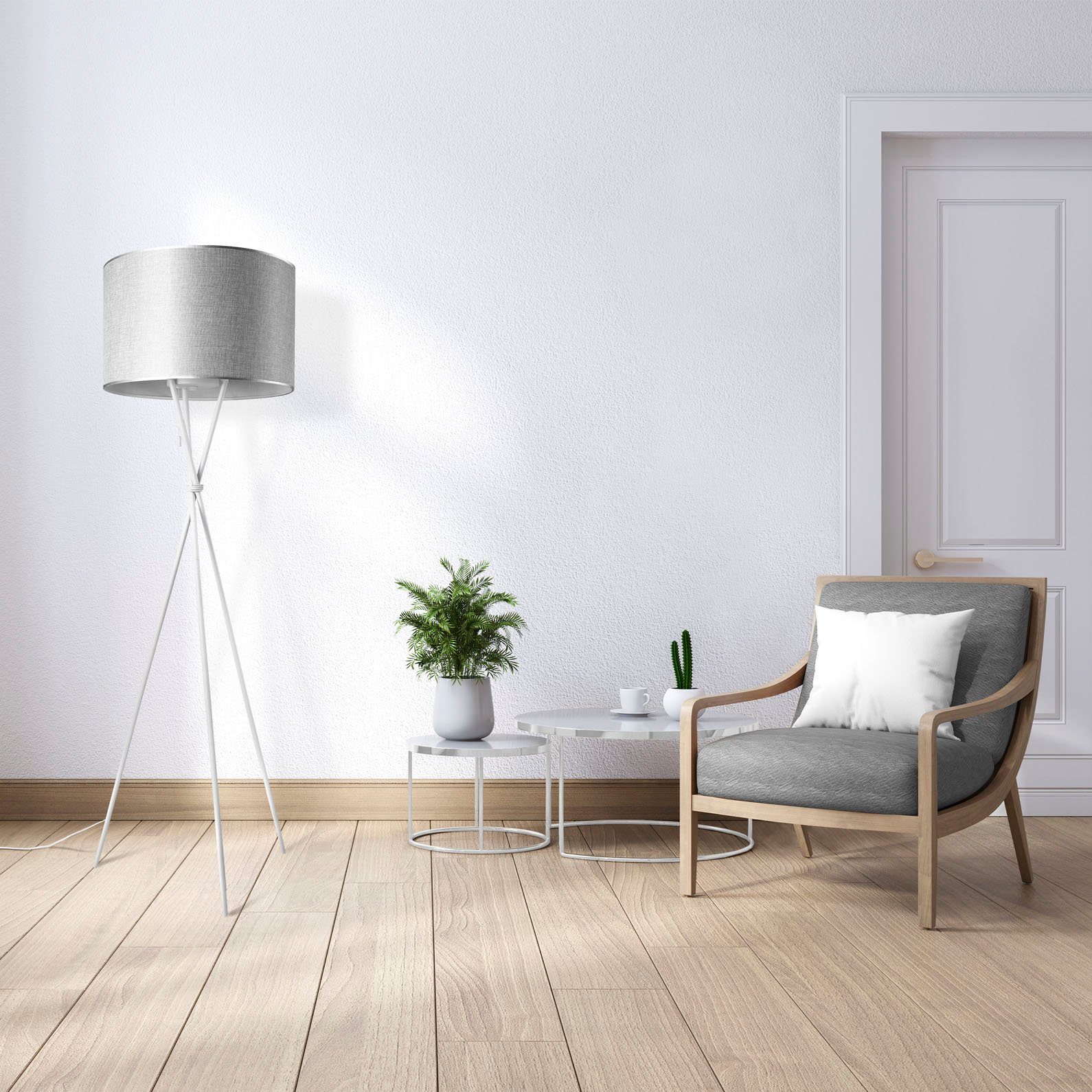 Paco Home KATE E27 ohne Leuchtmittel, Stoffschirmlampe COLOR, grau weiß Dreibein Stehlampe CANVAS Schirm UNI Standleuchte Wohnzimmer Textil