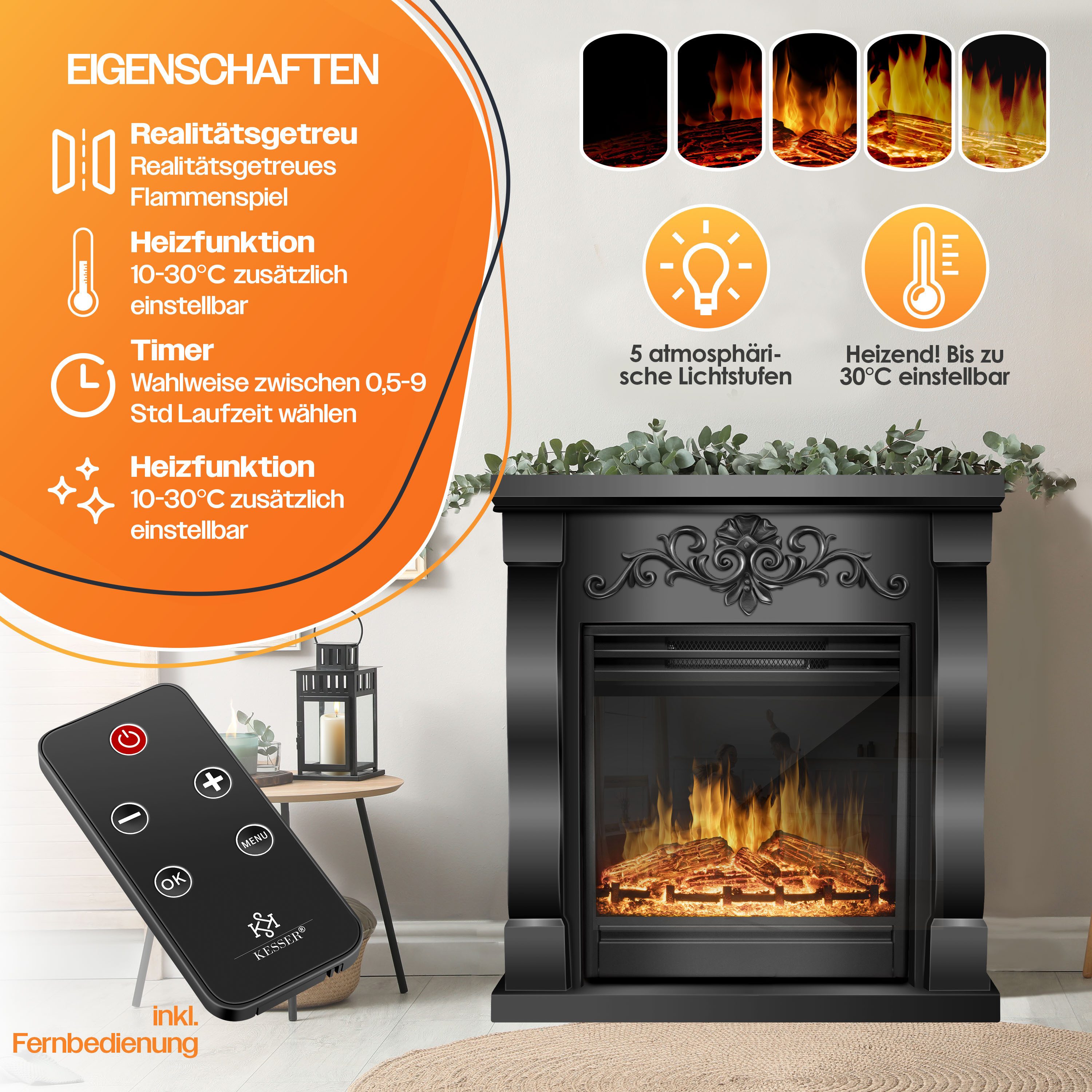 KESSER Elektrokamin, Elektrokamin Standkamin Kamin elektrisch mit LED 3D-Flamme