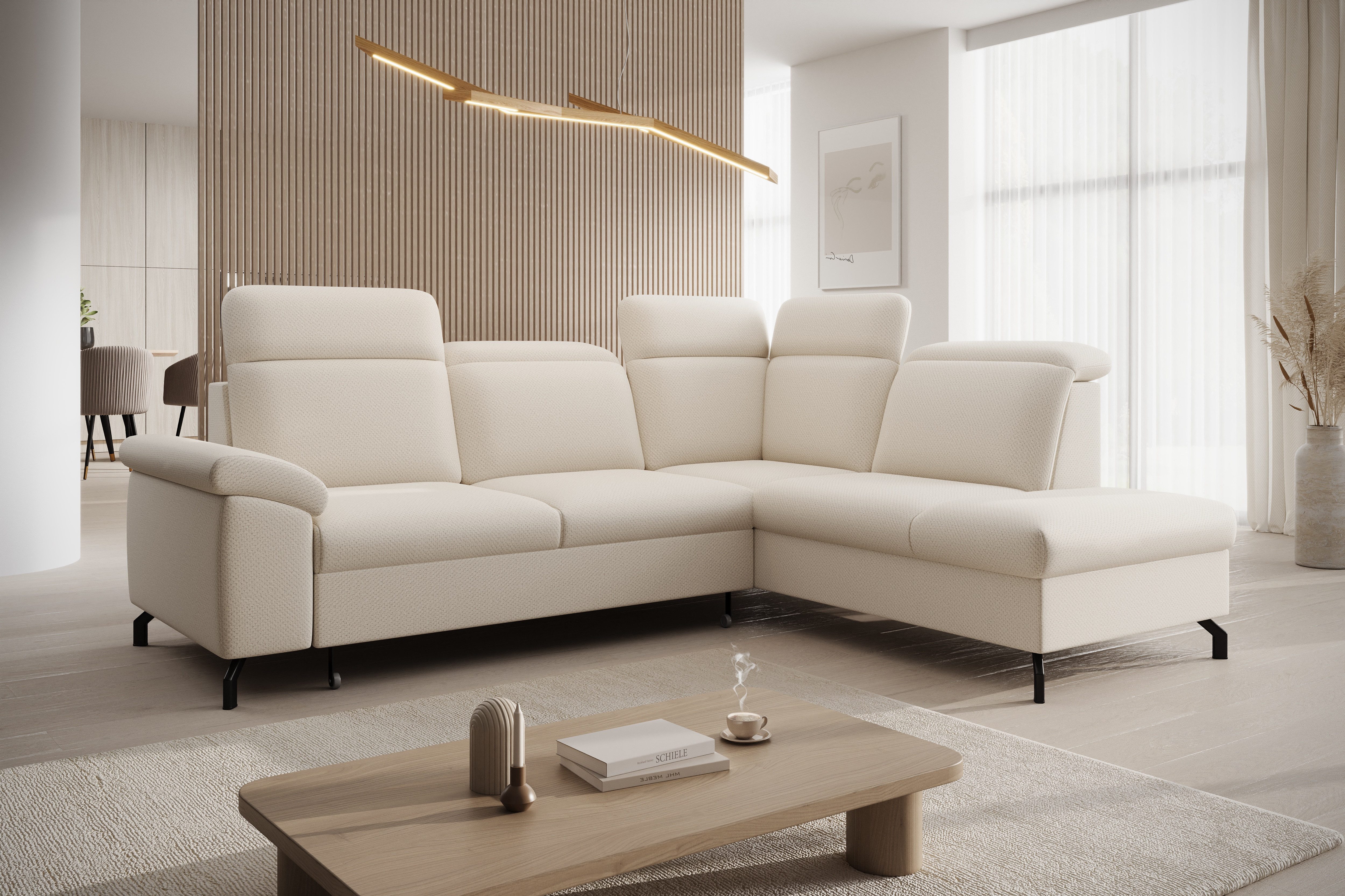 PROMETO Möbel Ecksofa L-Form Sofa verstellbare Kopfstützen Schlaffunktion Plüschstoff Canei