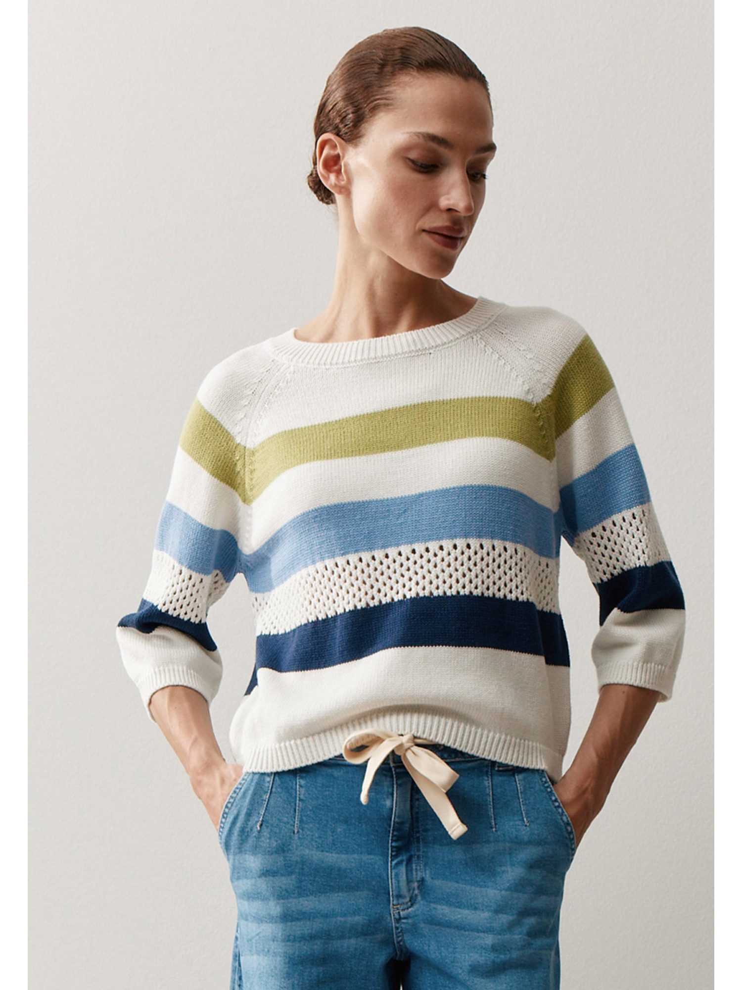 MORE&MORE Rundhalspullover leichter 3/4 Arm Pullover, Lochstrick-Details