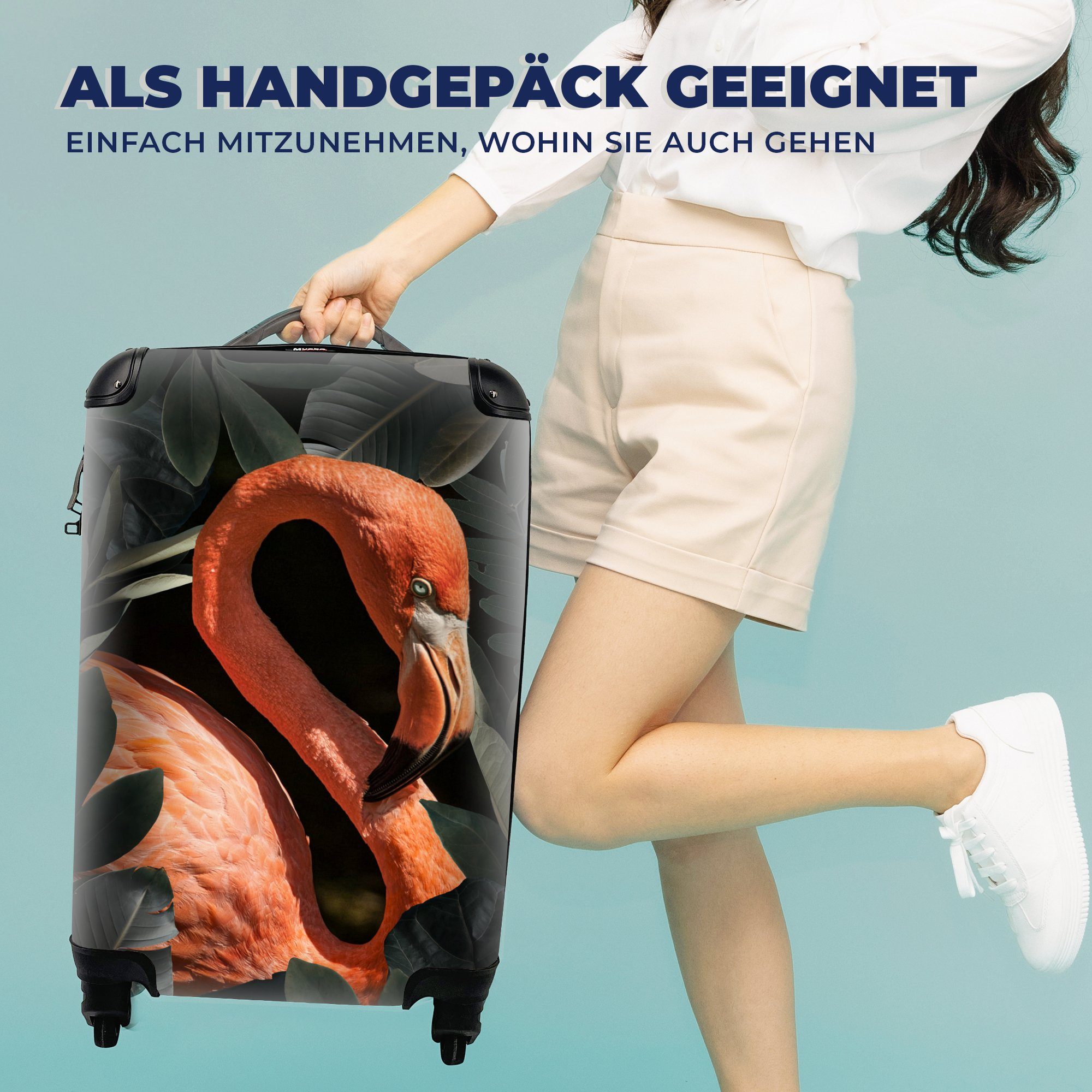 MuchoWow Handgepäckkoffer Ferien, rollen, Reisekoffer mit - 4 für Reisetasche Blätter, - Porträt Handgepäck Flamingo Rollen, Trolley