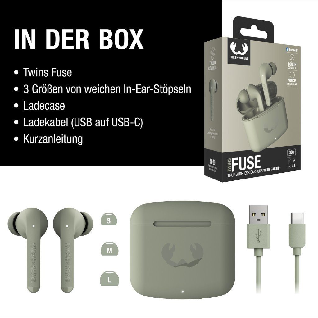 Fresh´n Rebel zu Twins Intuitive Batterie Wireless-Technologie, True Langlebige Wiedergabezeit) Hörerlebnis mit 30 Bedienung, (Kabelloses Stunden Fuse Green Kopfhörer Touch-Steuerung bis für mit Dried bequeme