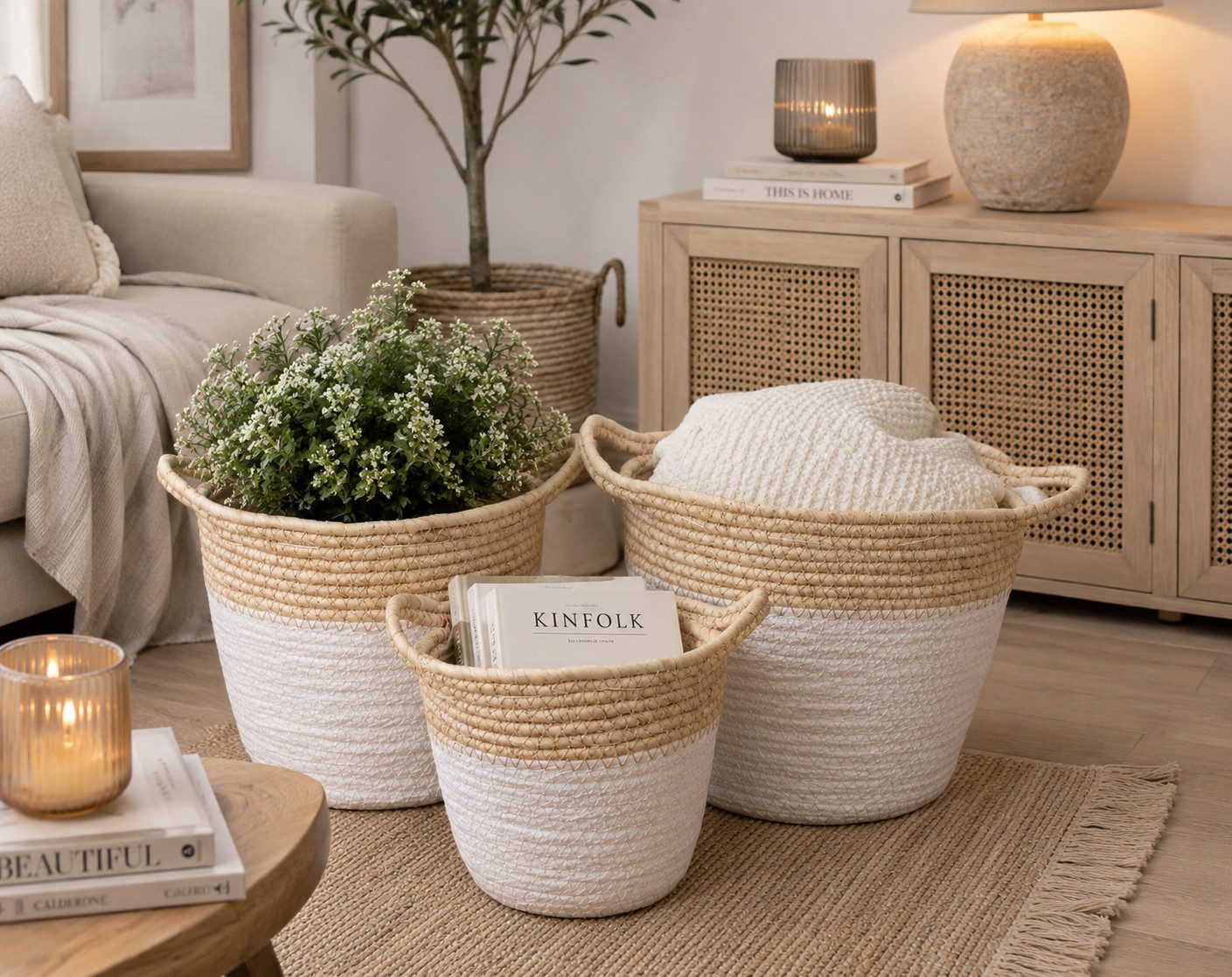 finehomegarden Aufbewahrungskorb Korb mit Griffen Weiß 3er Set aus Mais – Dekokörbe Ø17/20/23 cm Deko (Set, 3 St., 3er-Set), Handgeflochtene Aufbewahrungskörbe für Wohnzimmer, Bad, Küche