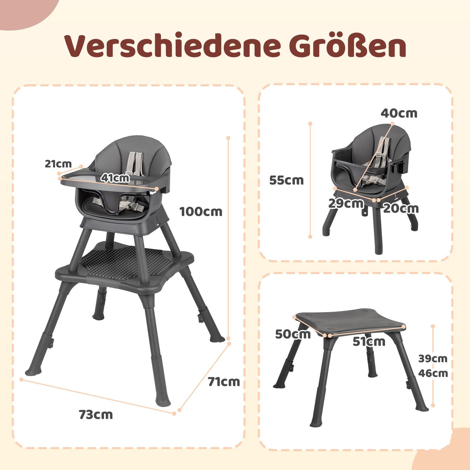 VINGLI Hochstuhl Baby 9 in 1, Robuster Kinderhochstuhl mit 5-Punkt-Gurt, Umbaubar zu Lerntisch, Esstisch oder Sitzerhöhung – Bild 3 von 5