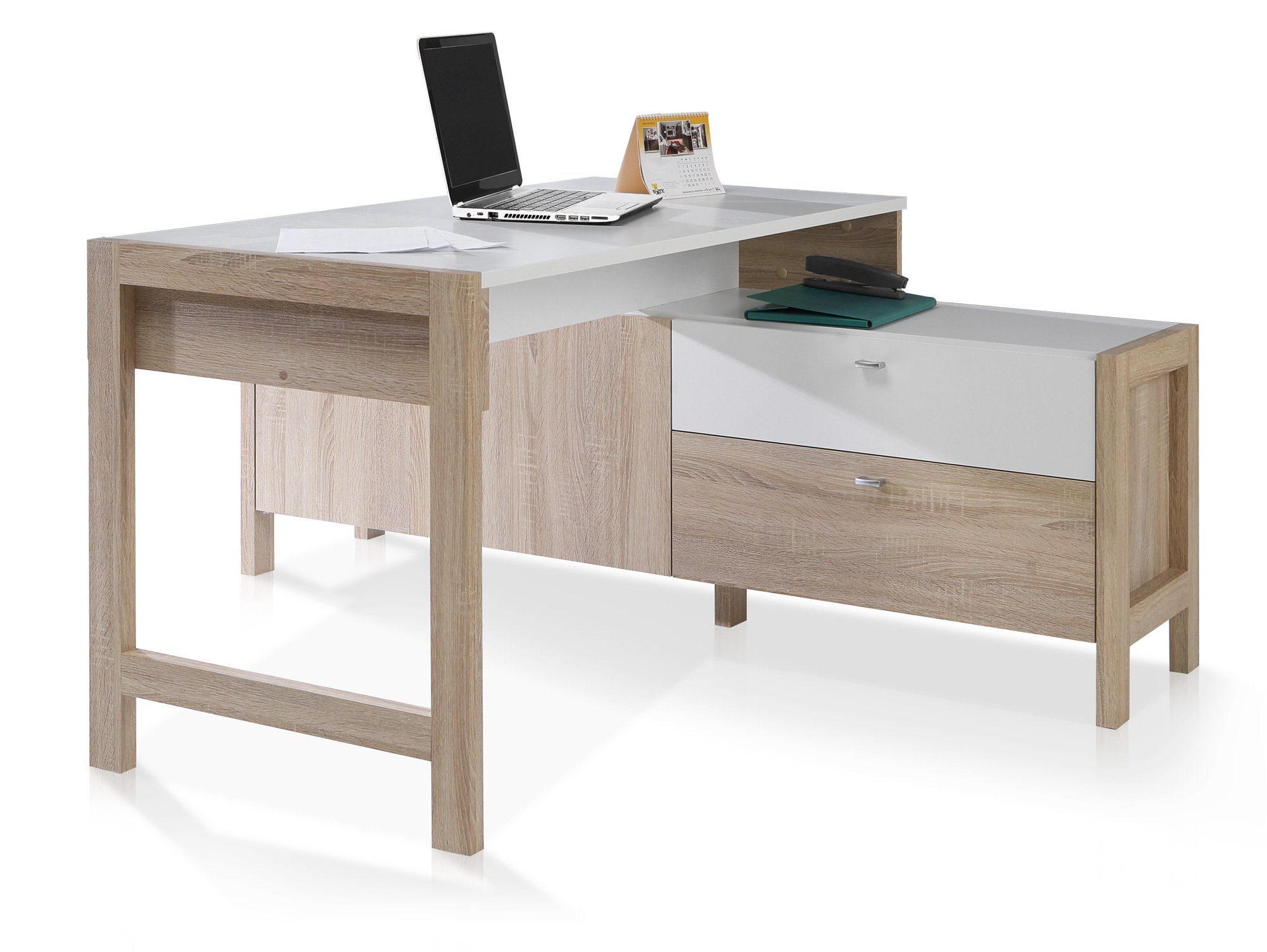 Schreibtisch, Eiche Moebel-Eins Schreibtisch, HALDO sonomafarbig/weiss Material Dekorspanplatte,