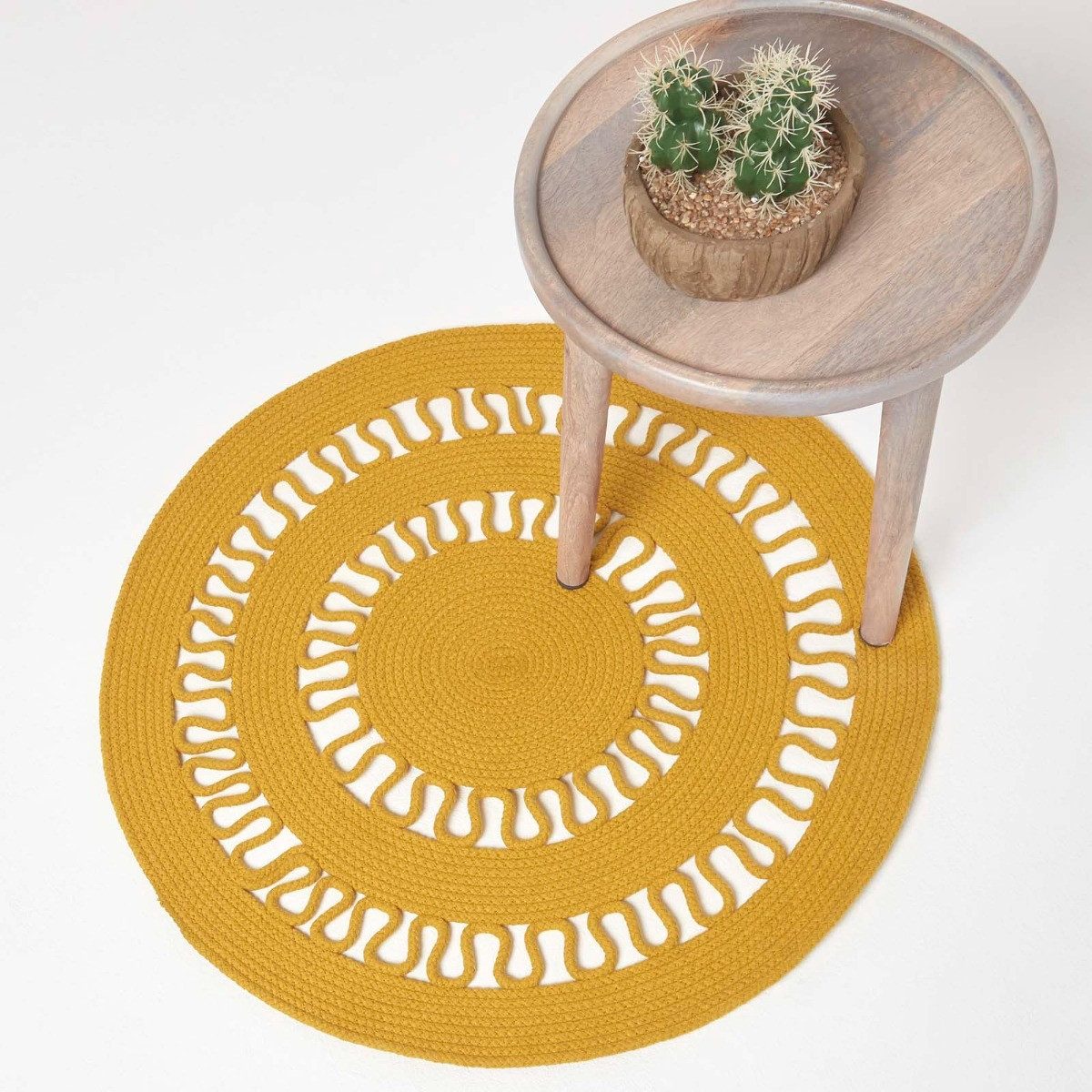 Homescapes Teppich Geflochtener runder Teppich mit Häkel-Muster, senfgelb, 70 cm, Höhe: 20 mm – Bild 2 von 5