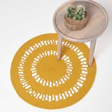 Teppich Geflochtener runder Teppich mit Häkel-Muster, senfgelb, 70 cm, Homescapes, Höhe: 20 mm