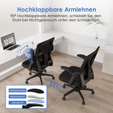 Lexzurn Bürostuhl Schreibtischstuhl Bürostuhl ergonomisch mit klappbaren Armlehnen (Wippfunktion bis 125), Höhenverstellbarer Chefsessel Drehstuhl, Netzstuhl