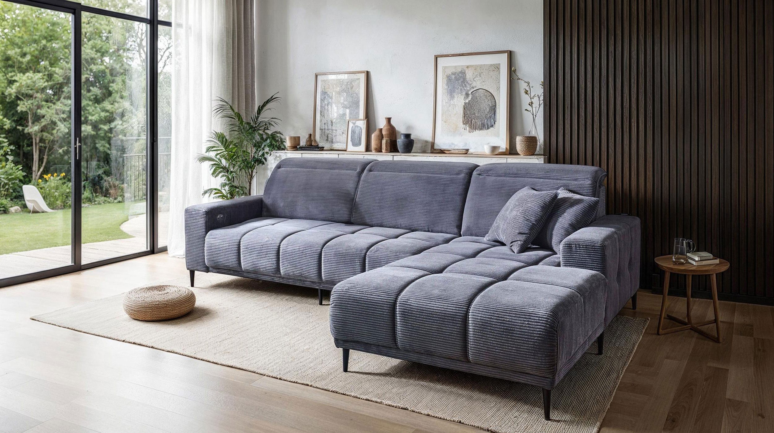 Massivart® Ecksofa Cord 286 cm / Cordsofa / elektrische Sitztiefenverstellung / MARISOL, Kopfteilverstellung / Sitztiefenverstellung / Nosagunterfederung