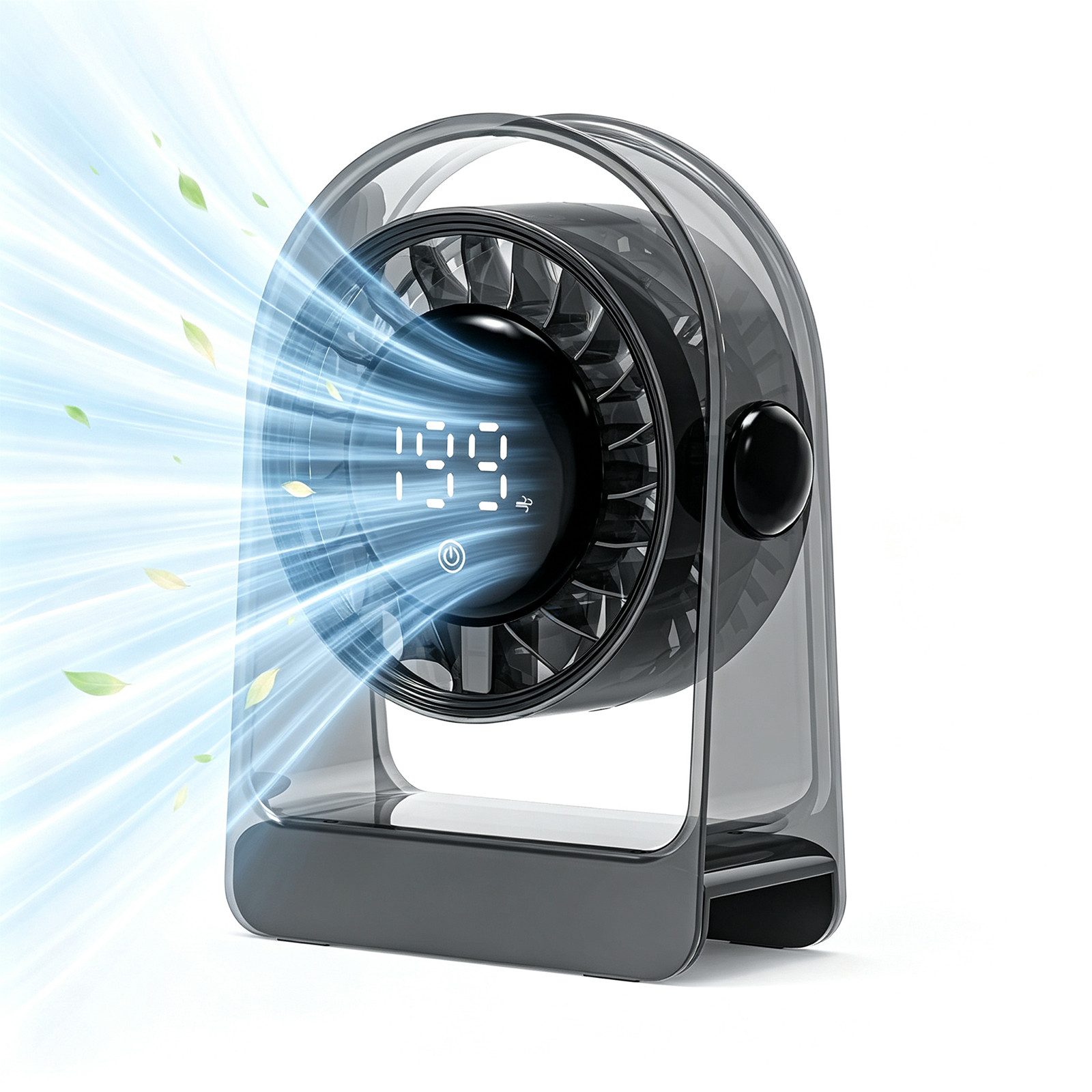 MOPUEA Tischventilator Transparenter Tischventilator mit Akkuanzeige leise und mobil, Leise Kühlung Akkuanzeige USB-Ladung und kompaktes Design