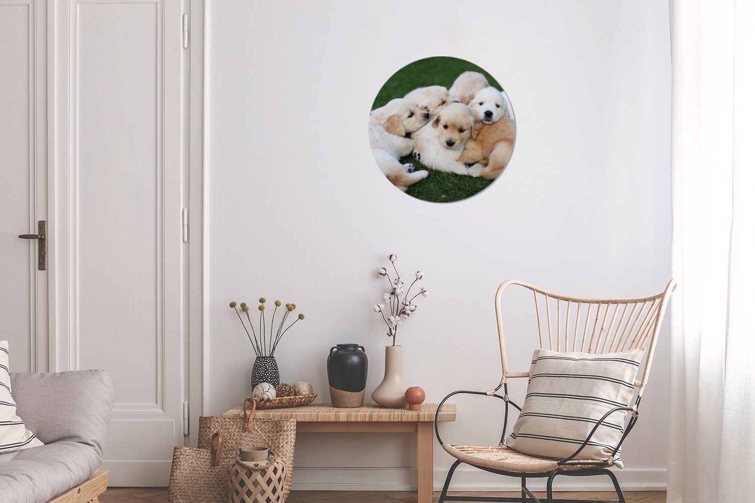 MuchoWow Gemälde Tiere Rundes 30x30 Hunde, (1 St), - Forex, Wanddekoration Wandbild, cm Kreis - Welpen Wohnzimmer