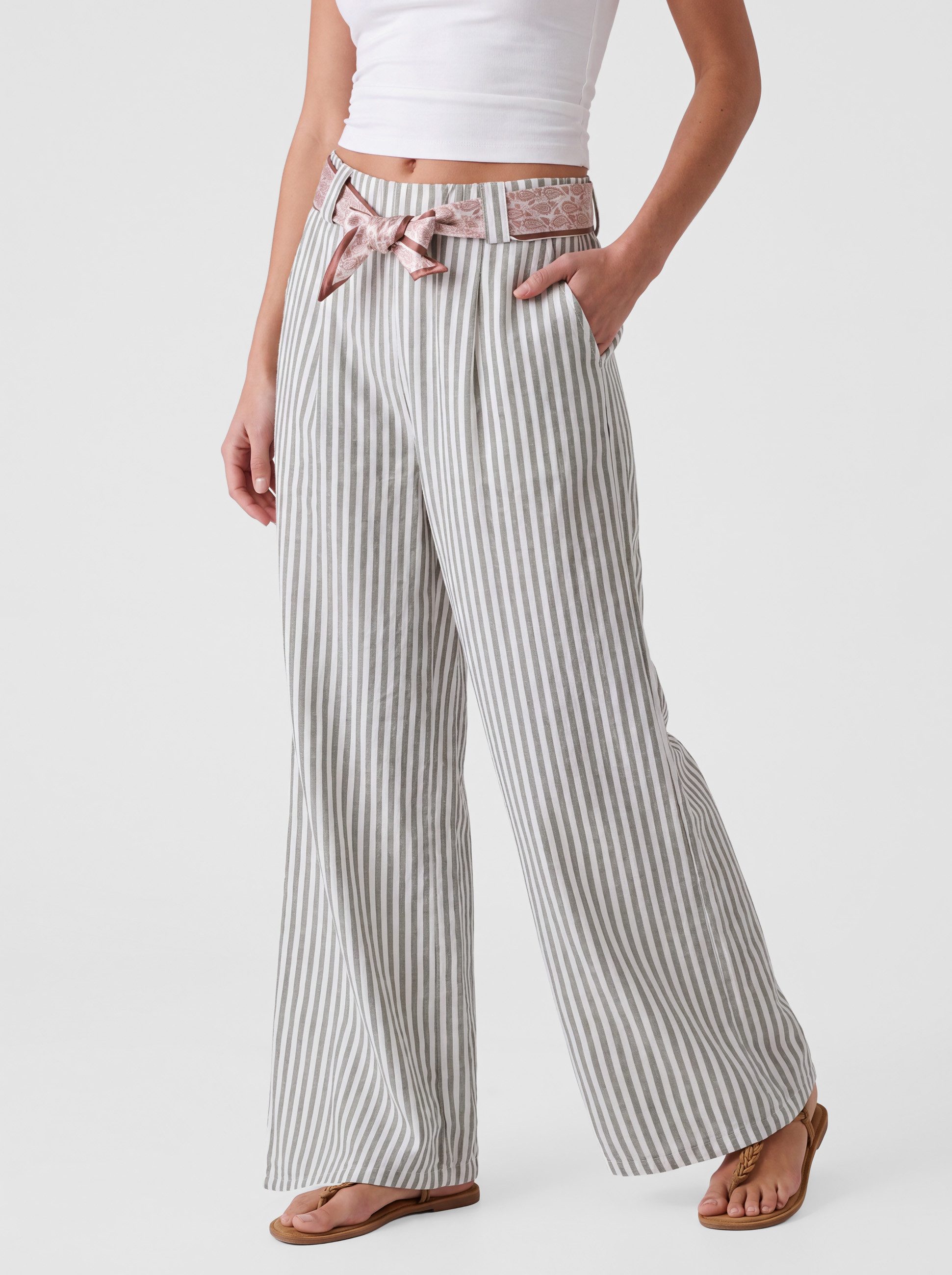 PEKIVESSA Schlupfhose Leichte Wide Leg Sommerhose gestreift mit weitem Bein und Stoffgürtel