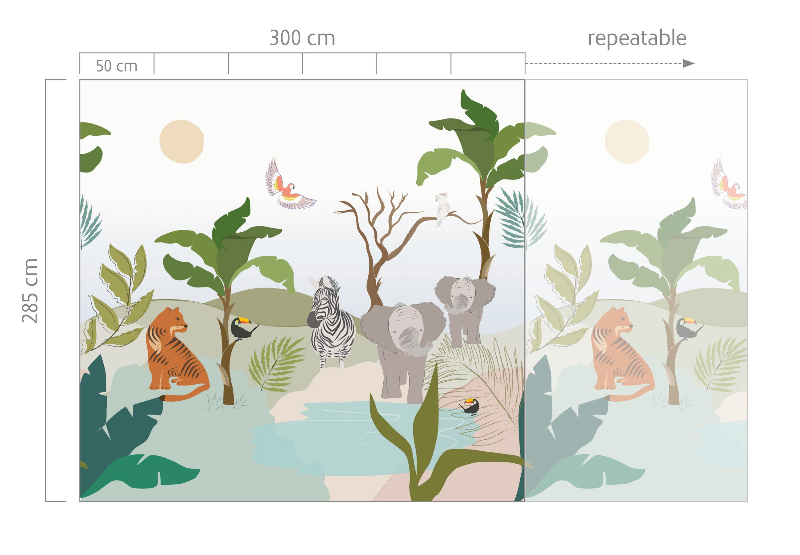 Rasch Fototapete Dschungel und Tiere in Grün, Roomblush Jungle Animals RB358, glatt, Comic, tropisch, (1 St)