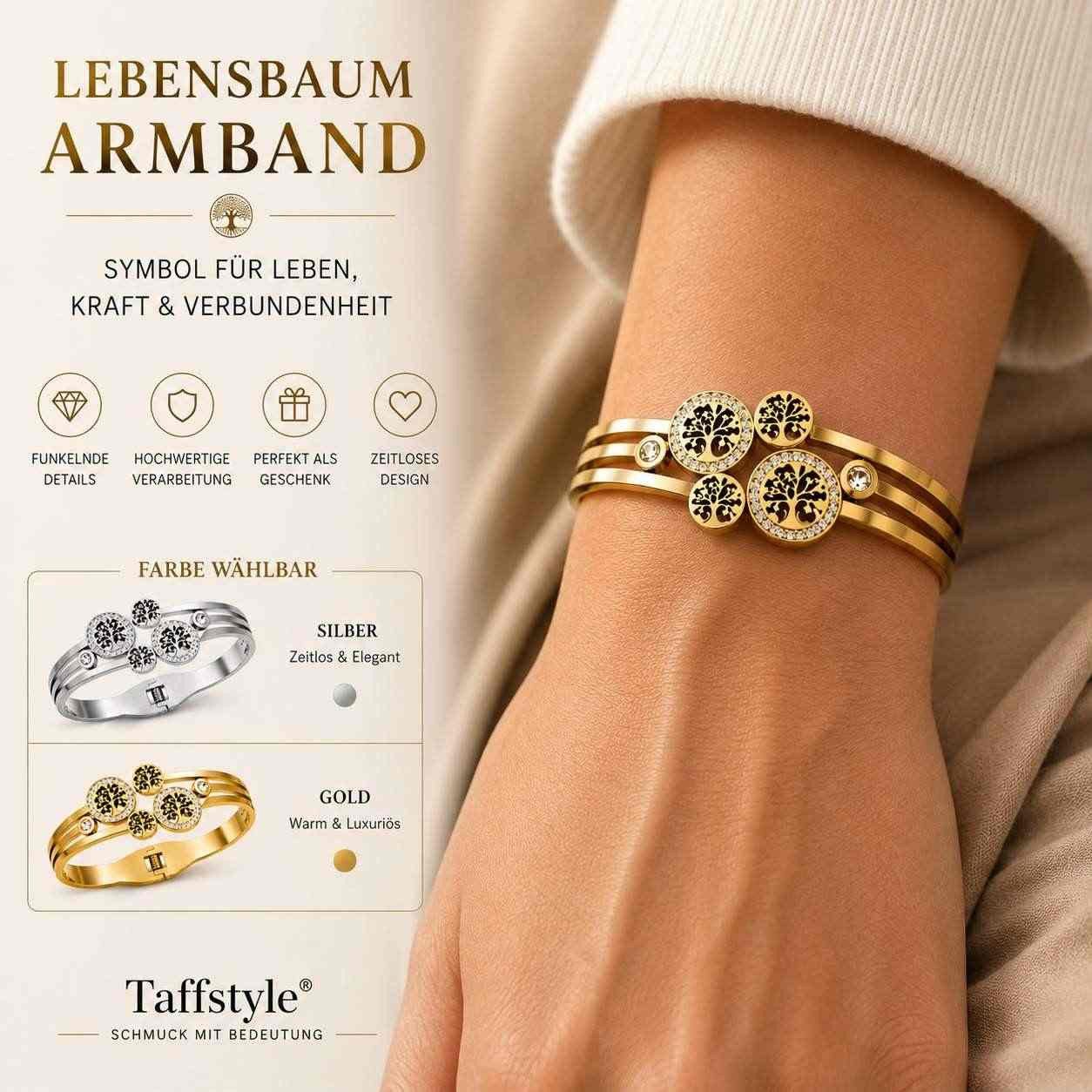 Taffstyle Armband Damen Armband Lebensbaum Armreif Edelstahl mit Kristallen Elegant (Lebensbaum Schmuck tree of life mit funkelnden Details und wählbarer Farbe) – Bild 2 von 5