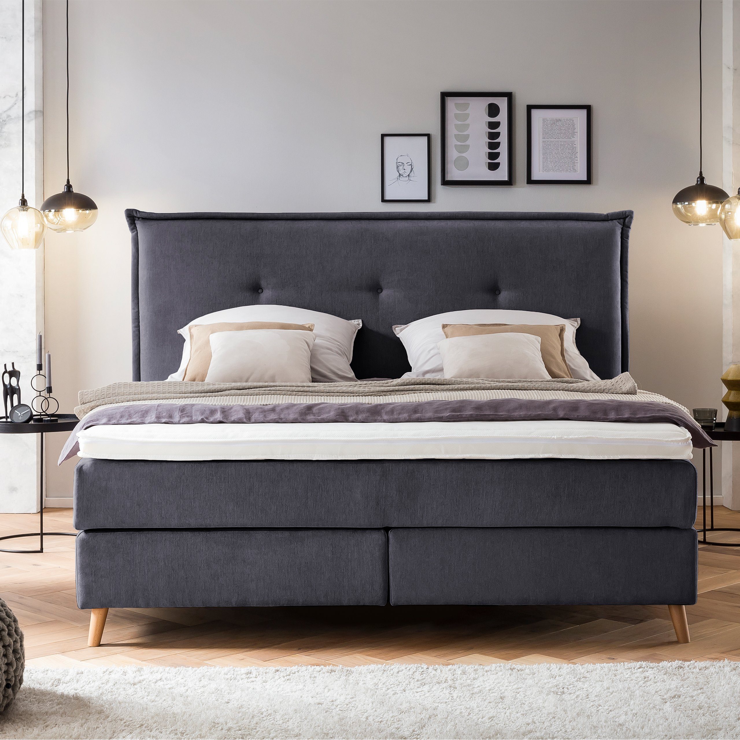 Möbelfreude Boxspringbett Boxspringbett Aurel 180x220 cm Anthrazit Uni H2, 180x220 cm Anthrazit H2, 7-Zonen Tonnentaschenfederkern Matratze & Vi