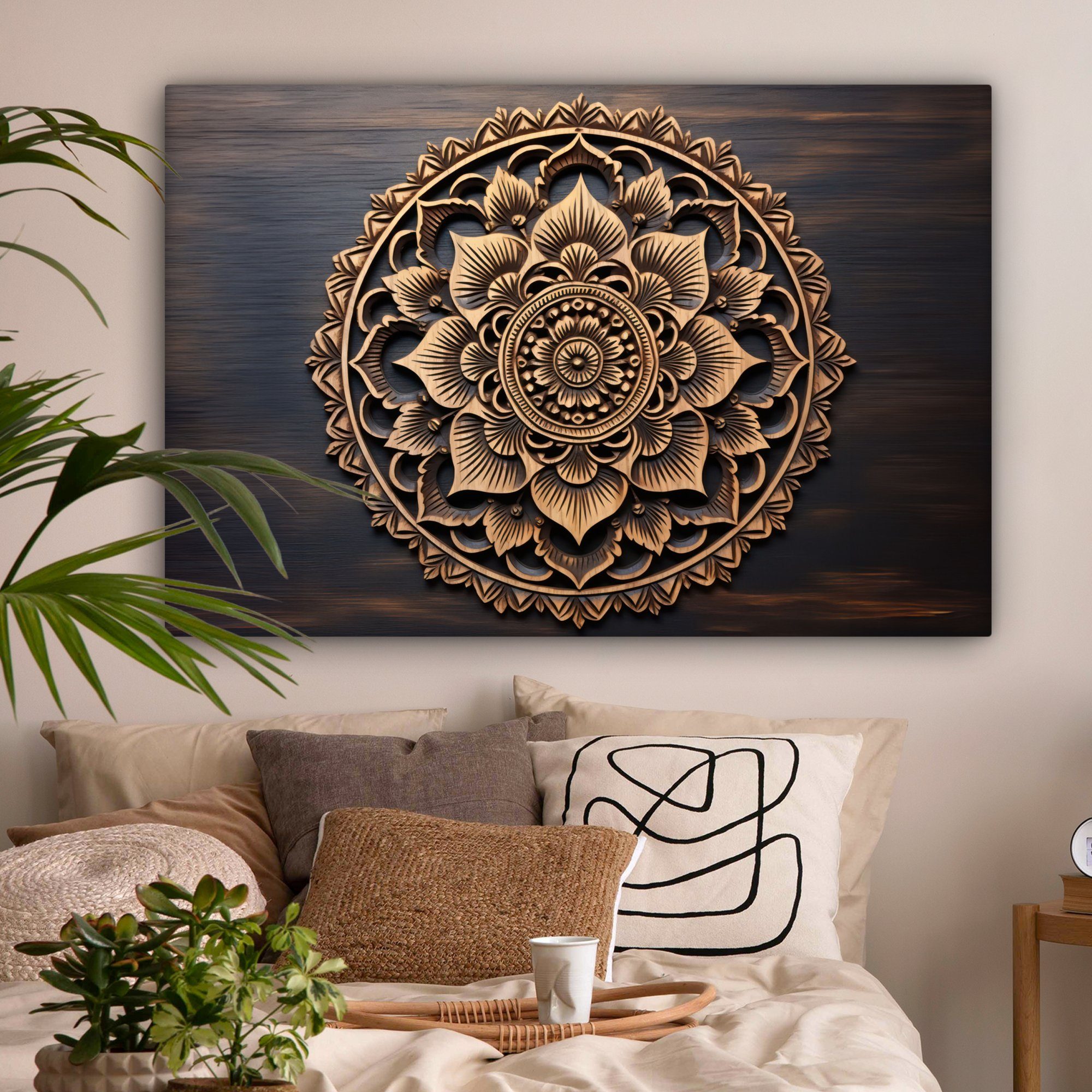 OneMillionCanvasses® Leinwandbild Mandala - XXL, - Blumen (1 Wohnbereiche, Holz - großes, Braun, Gemälde, St), 120x80 alle für Wandbild cm