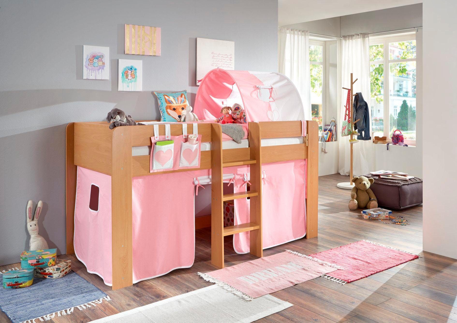 Relita Hochbett Andi mit Rolllattenrost, Textil-Set und Leiter, pflegel. Dekor Oberfläche