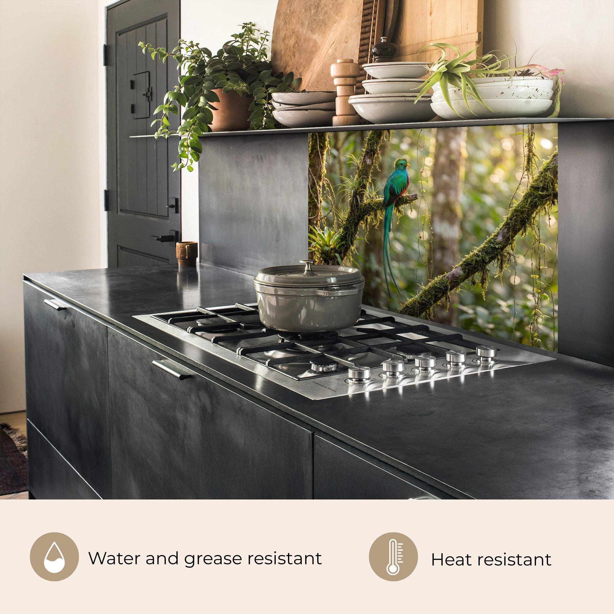 KitchenYeah Küchenrückwand selbstklebend (keine Folie) Quetzal - Dschungel - Natur - Grün, (1-tlg), Spritzschutz, Küche, Rückwand, Küchenwand, Küchenfront, 80x60 cm
