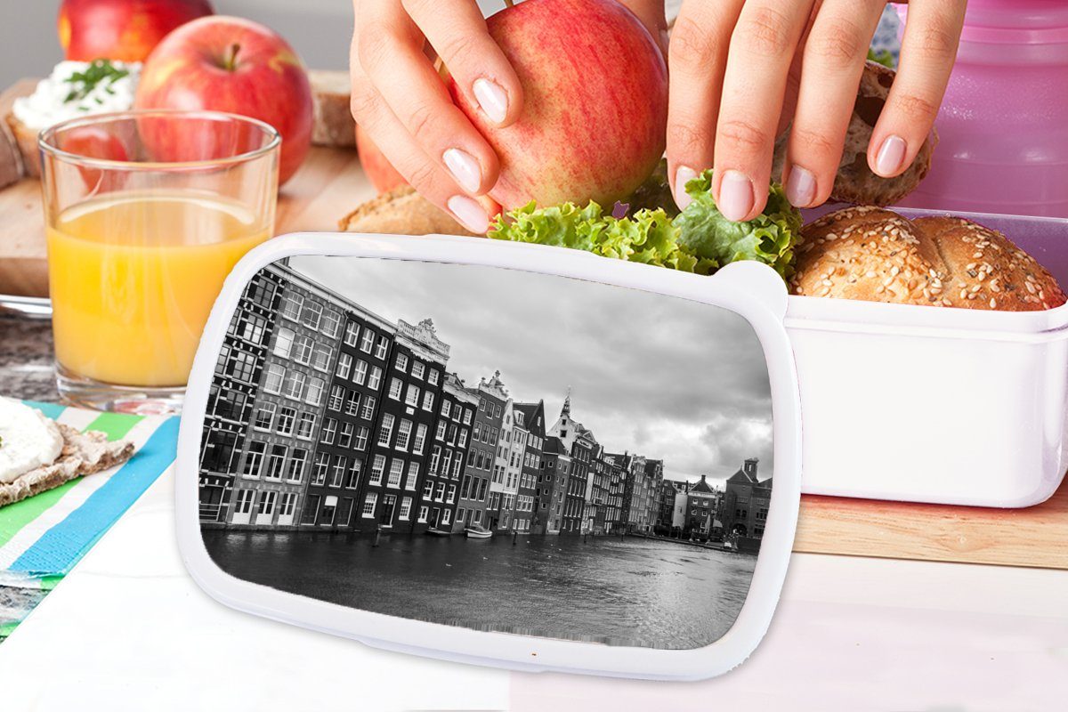 Schwarz-Weiß-Fotodruck, für für Lunchbox Mädchen Jungs Brotbox Kinder Kunststoff, Amsterdam Brotdose, und (2-tlg), Erwachsene, MuchoWow Grachten und