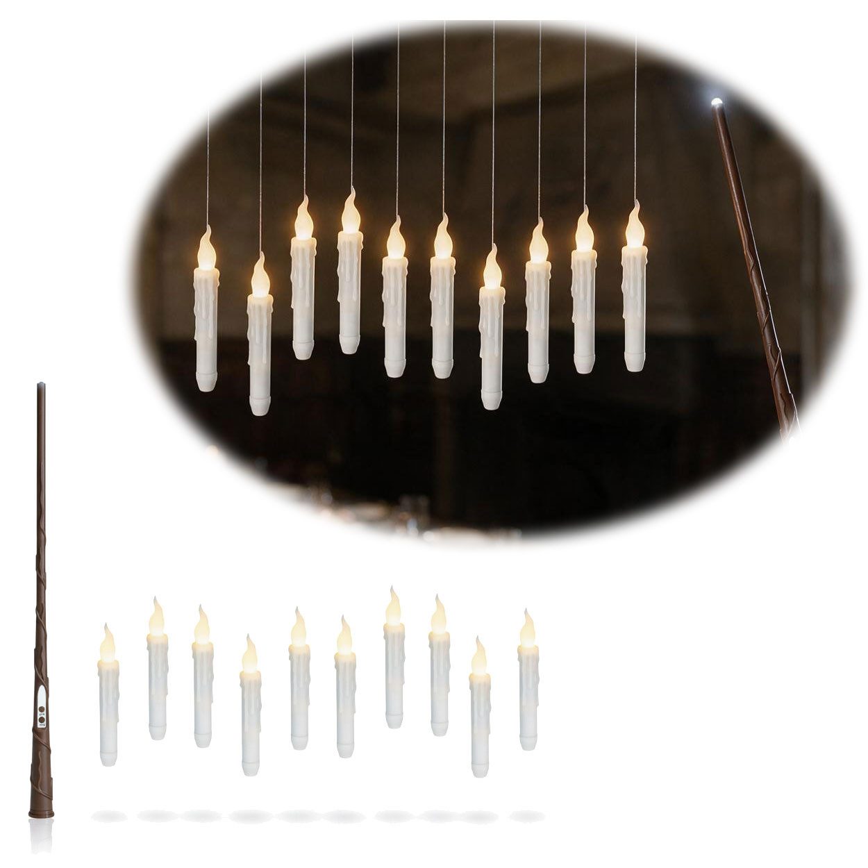 LS-LebenStil LED-Kerze 10 schwebende 3D Stabkerzen mit Zauberstab Fernbedienung flackernd, Zauberstab, LED fest integriert, warmweiß, Hängende Fliegende Flammenlose Stabkerzen Halloween Weihnachten Deko