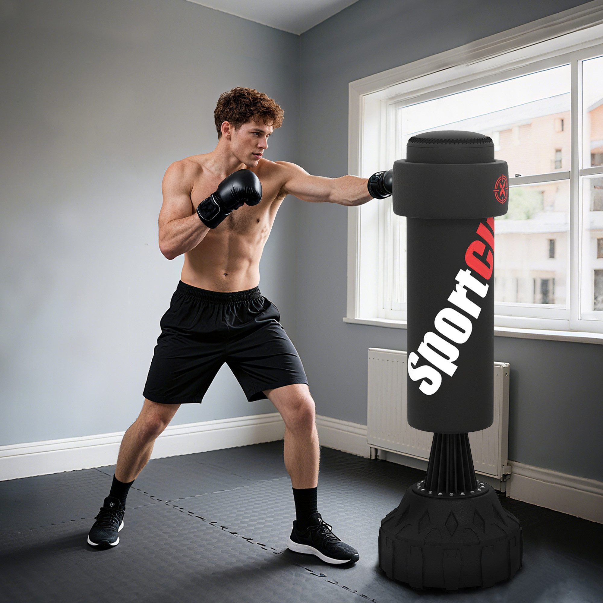 SPORTNOW Standboxsack Kickboxsack, Punchingsack mit Saugfuß, Boxbandagen (Standboxsack, 1-tlg., Boxsack Stehend), für Boxen, Kickboxen, Kunststoff, Schwarz