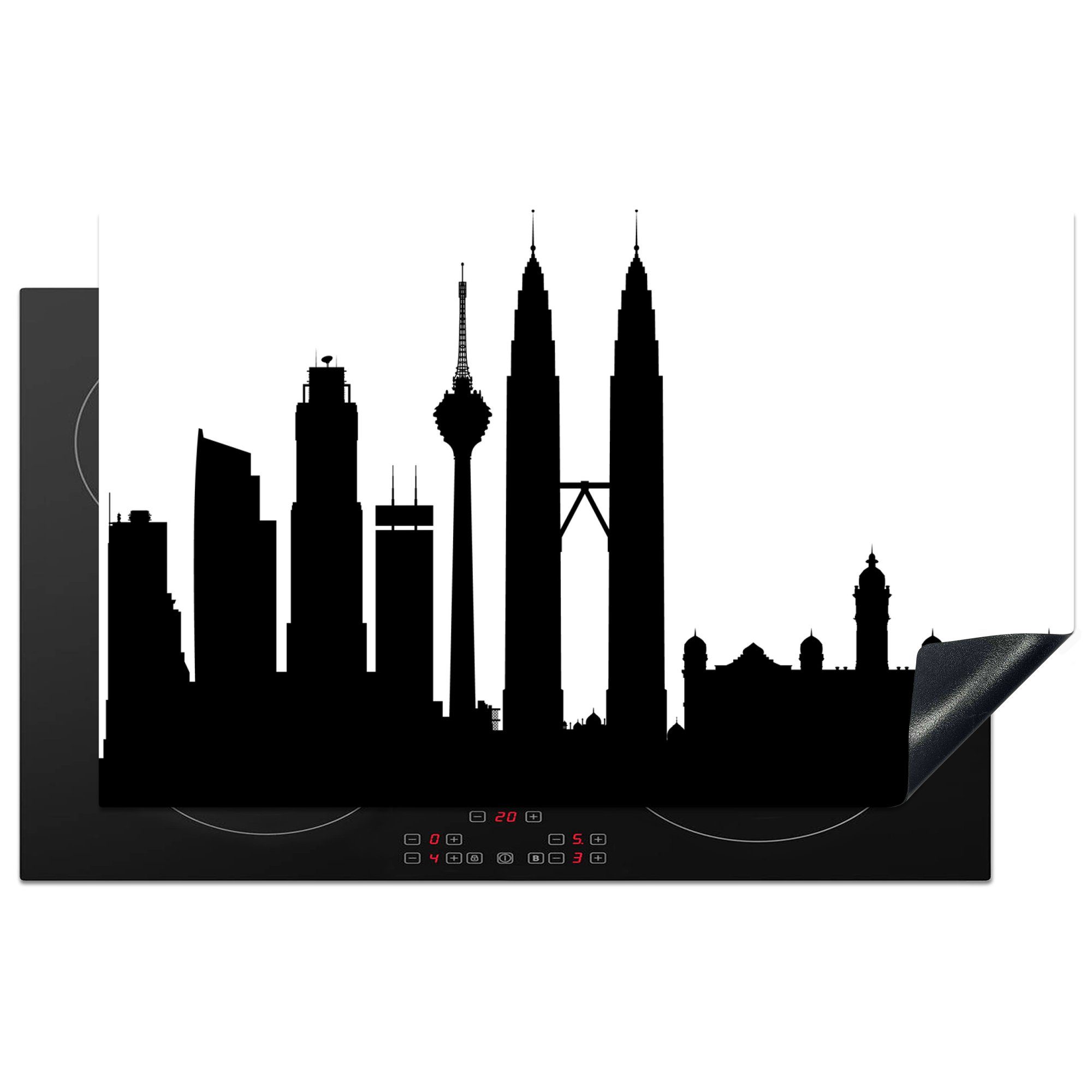 Herdblende-/Abdeckplatte MuchoWow küche Lumpur, für der cm, tlg), Skyline (1 83x51 Vinyl, Illustration von schwarz-weiße Kuala Arbeitsplatte Eine Ceranfeldabdeckung,