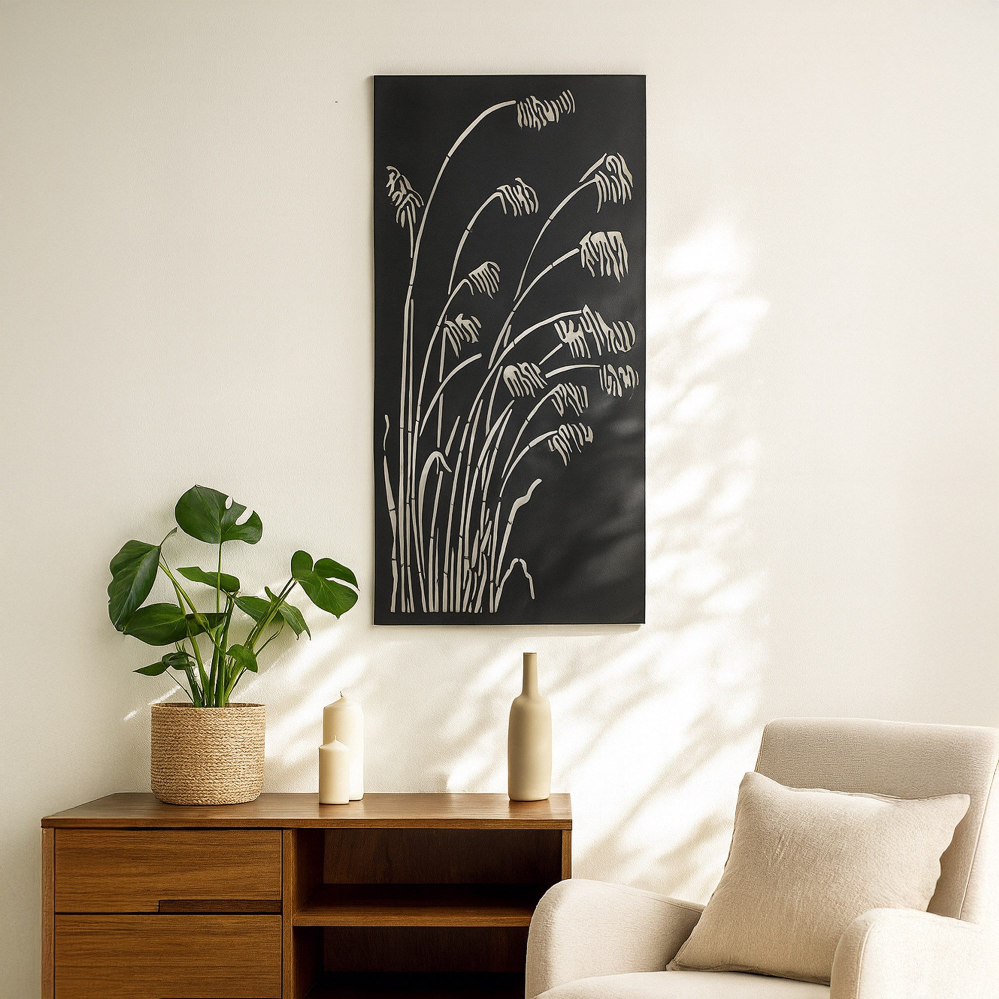 UNUS ELEMENTS Dekohänger Metallbild Schilfrohr (120x60cm), Wanddeko innen außen mit Aufhängehaken